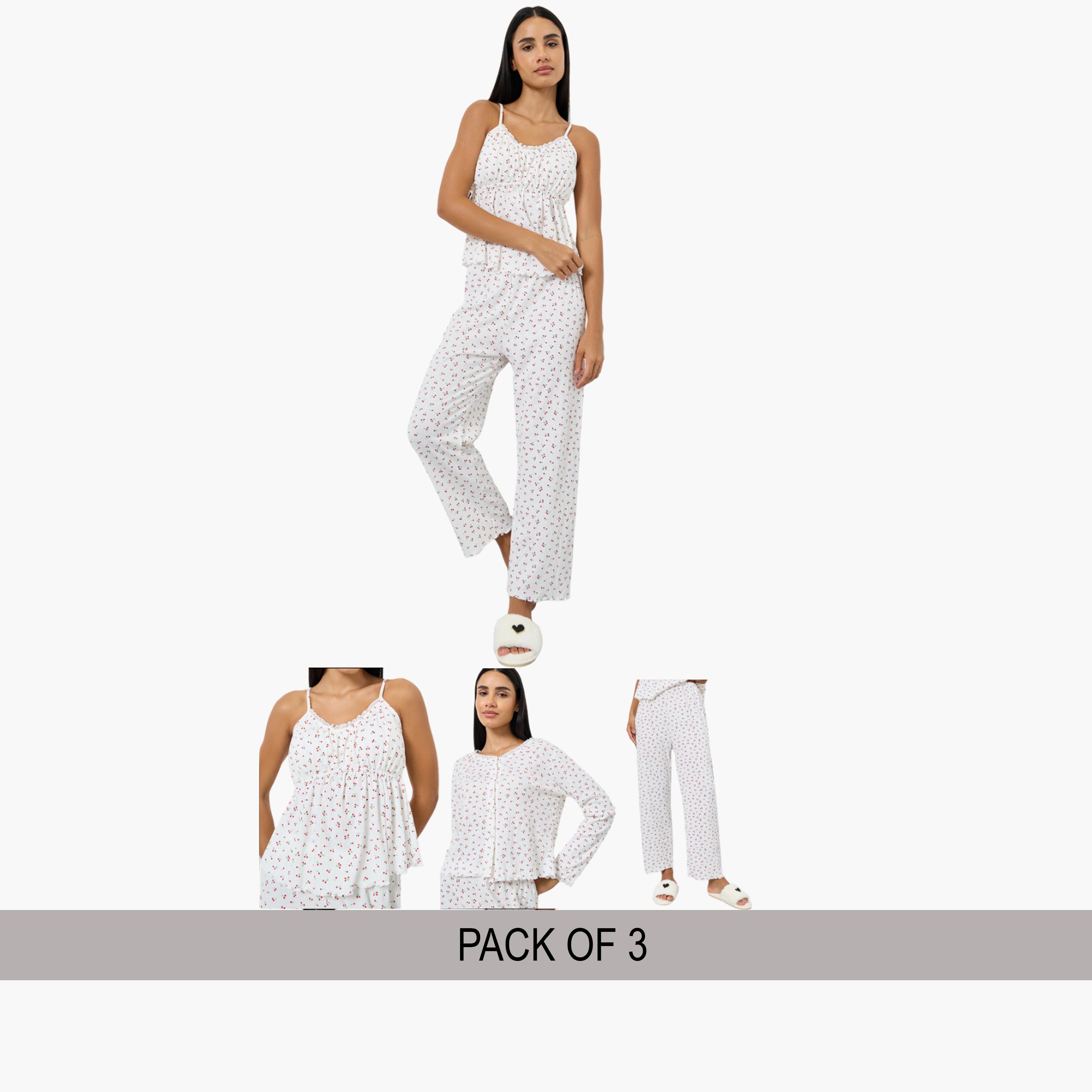 Styli Pack of 3 - Cherry Print Bust Gather Cami, Shirt and Pyjama-women-clothing-nightwear-pyjamas-longsets-image-1