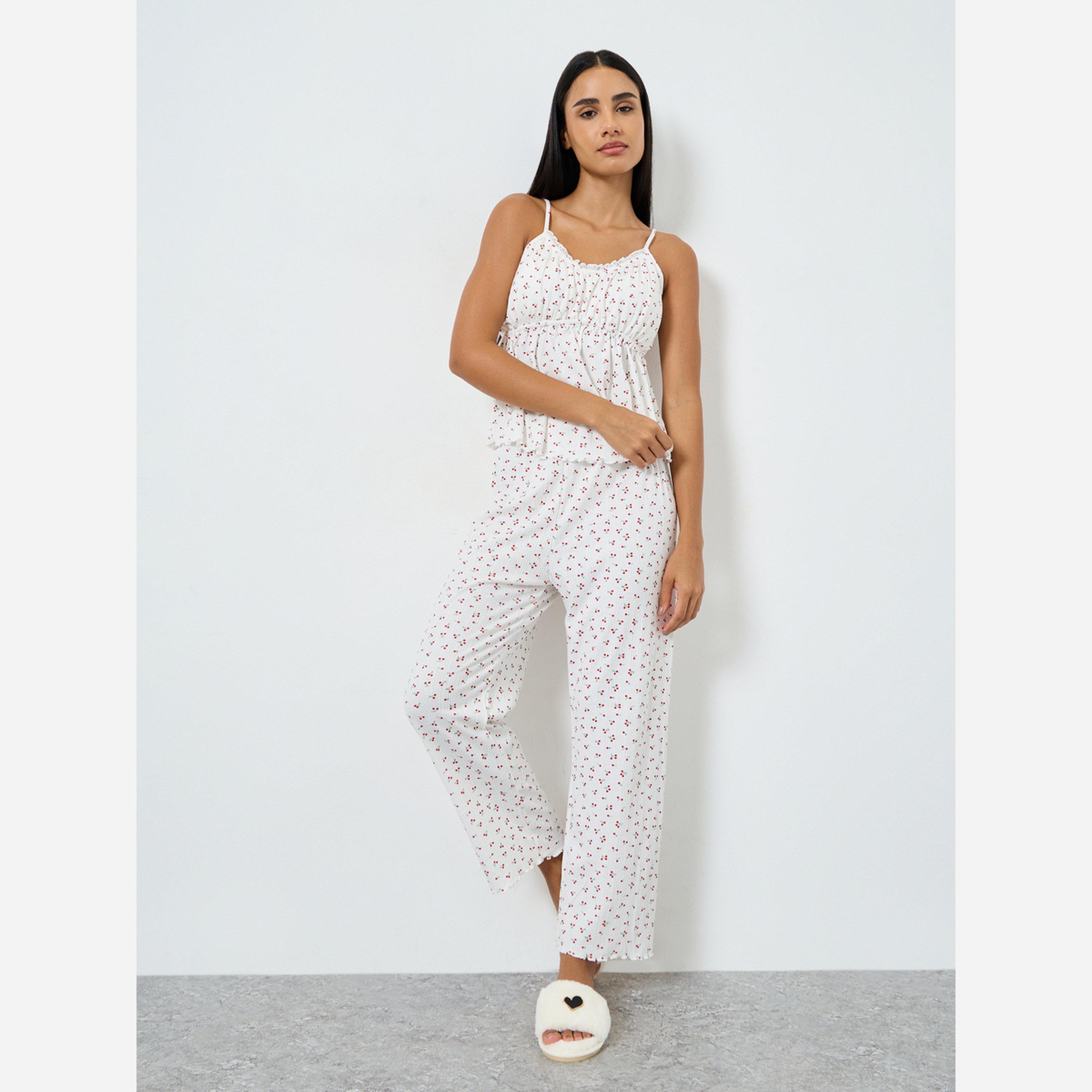 ستايلي - طقم من 3 قطع - قميص داخلي طبعة كرز، قميص، وبنطال-women-clothing-nightwear-pyjamas-longsets-image-2