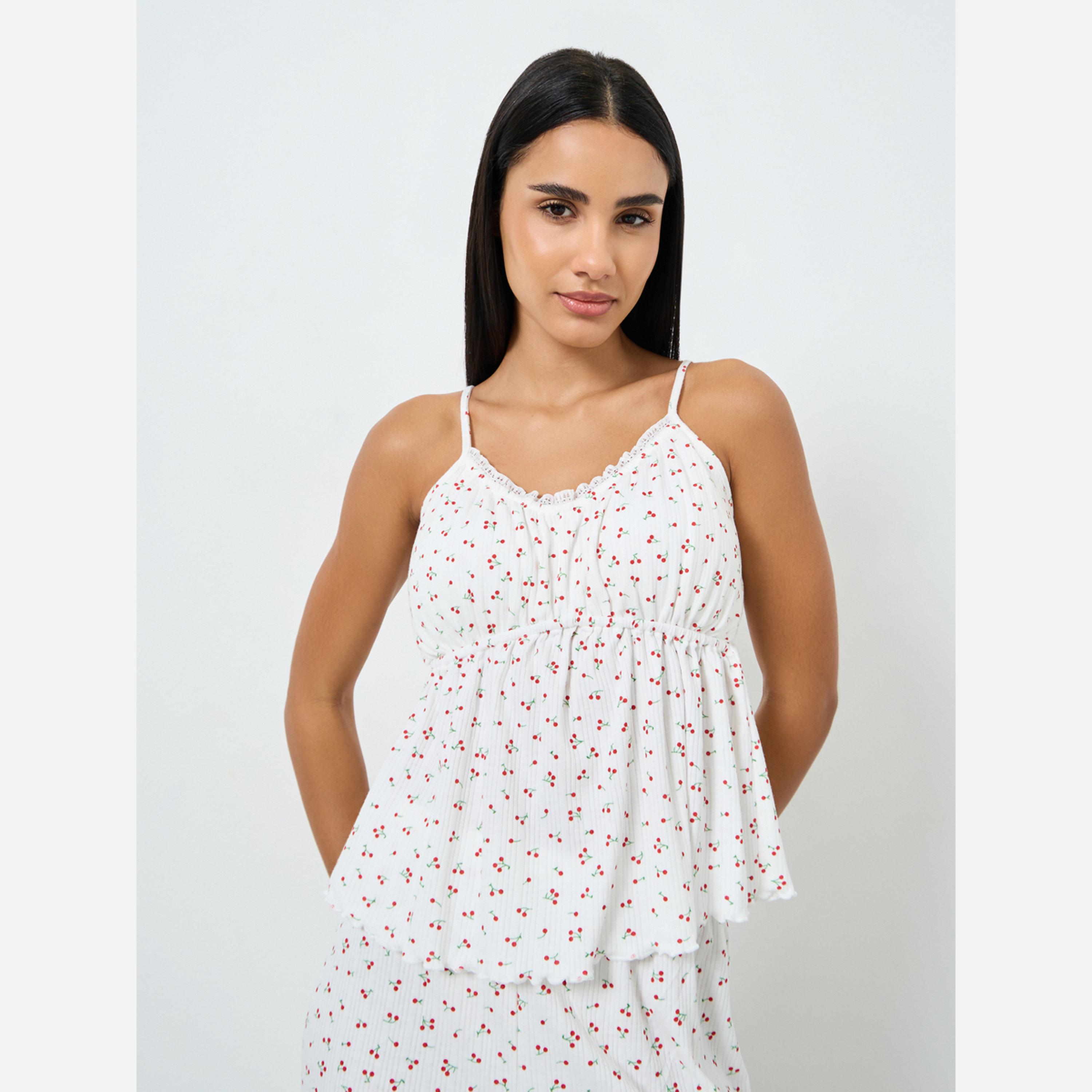 Styli Pack of 3 - Cherry Print Bust Gather Cami, Shirt and Pyjama-women-clothing-nightwear-pyjamas-longsets-image-3
