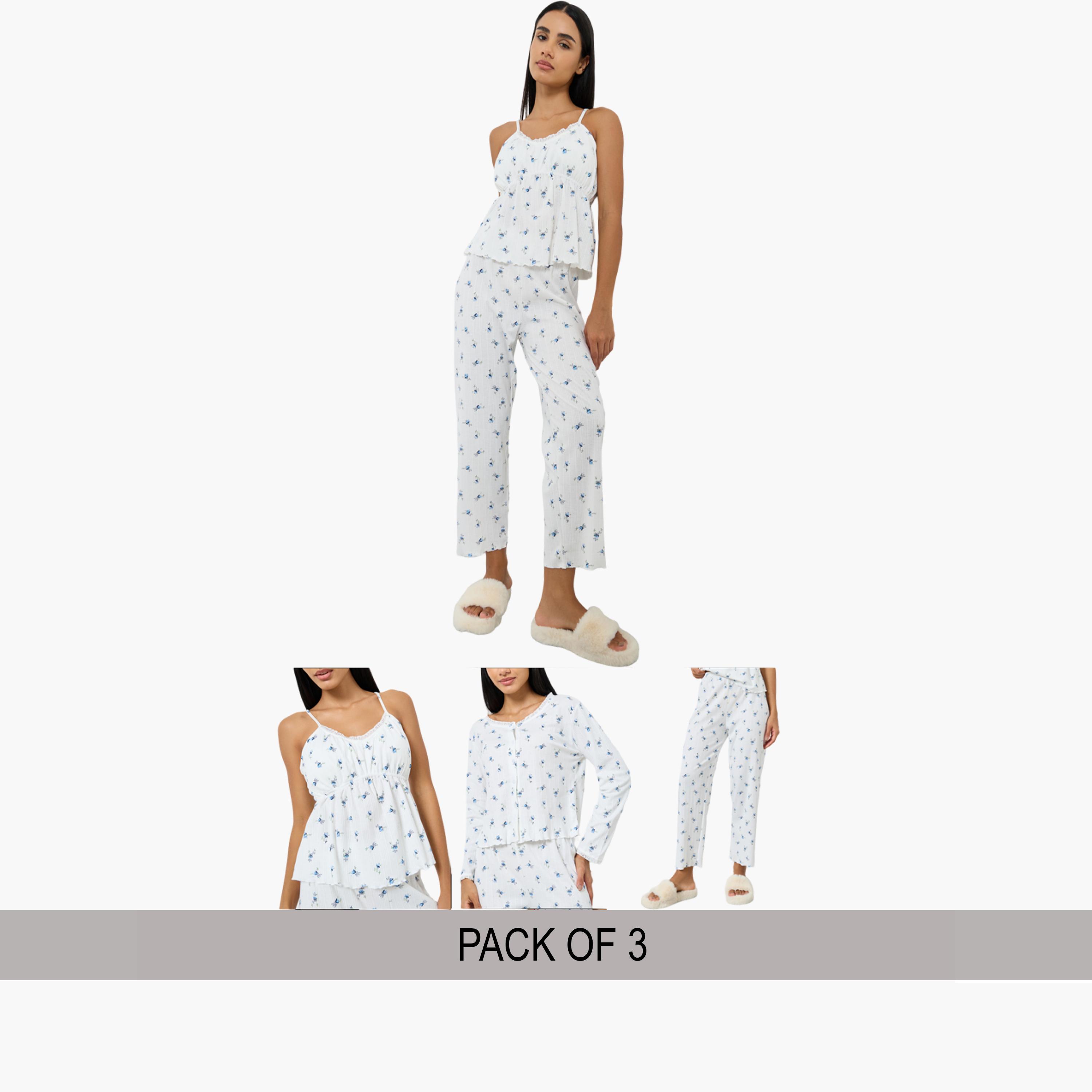 Styli Pack of 3 - Ditsy Floral Ruched Front Lace Detail Cami, Shirt and Pyjama Set-women-clothing-nightwear-pyjamas-longsets-image-1