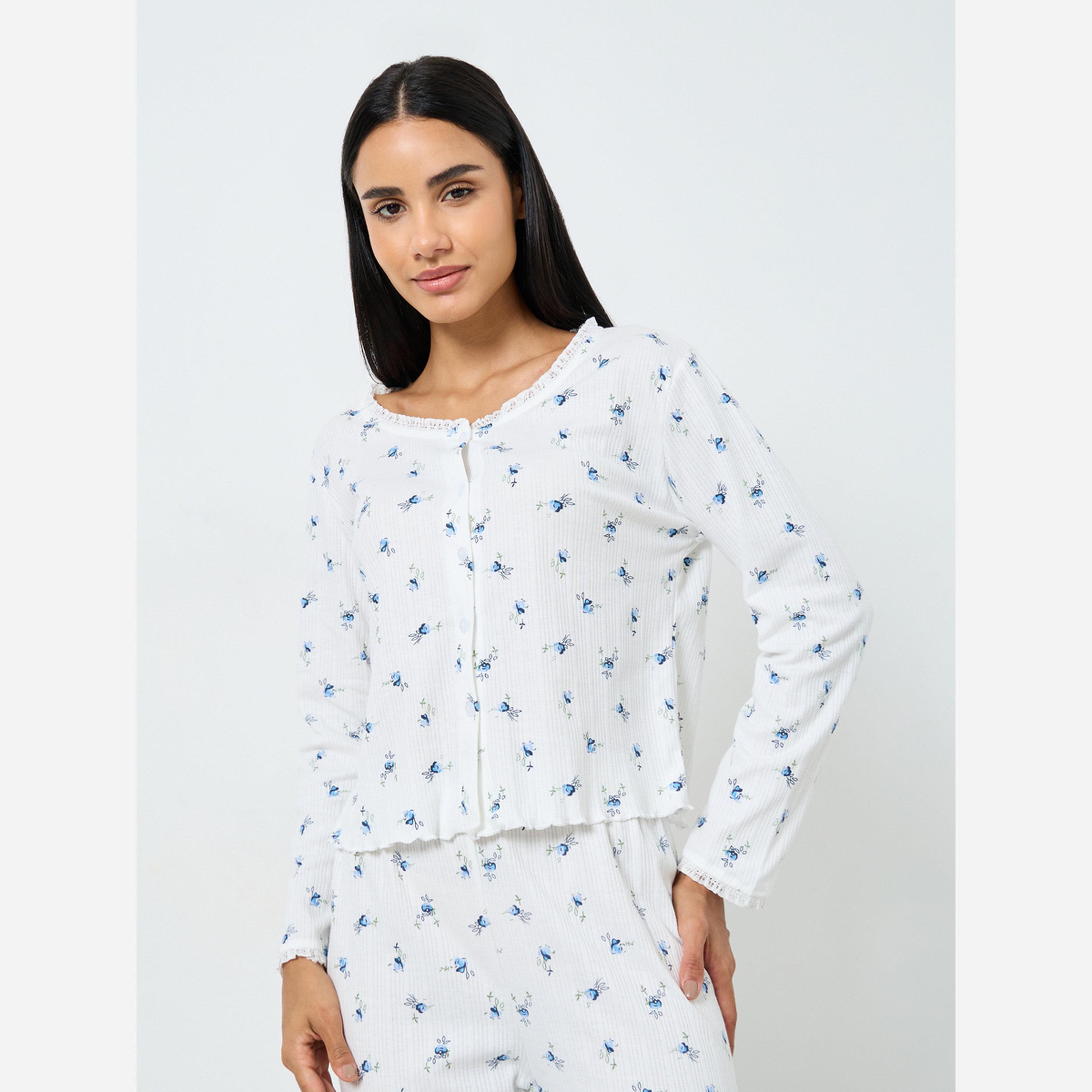 Styli Pack of 3 - Ditsy Floral Ruched Front Lace Detail Cami, Shirt and Pyjama Set-women-clothing-nightwear-pyjamas-longsets-image-2