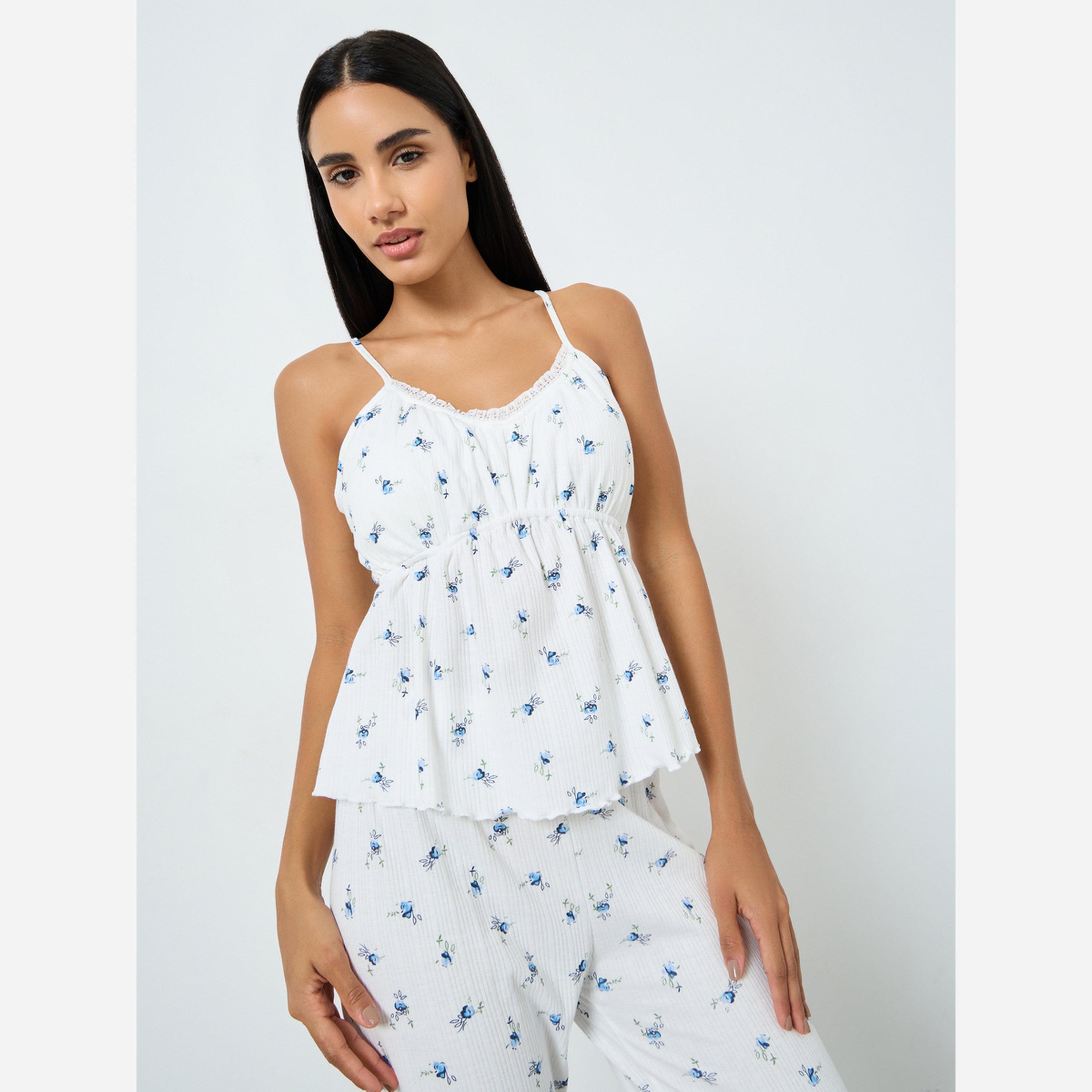 Styli Pack of 3 - Ditsy Floral Ruched Front Lace Detail Cami, Shirt and Pyjama Set-women-clothing-nightwear-pyjamas-longsets-image-3