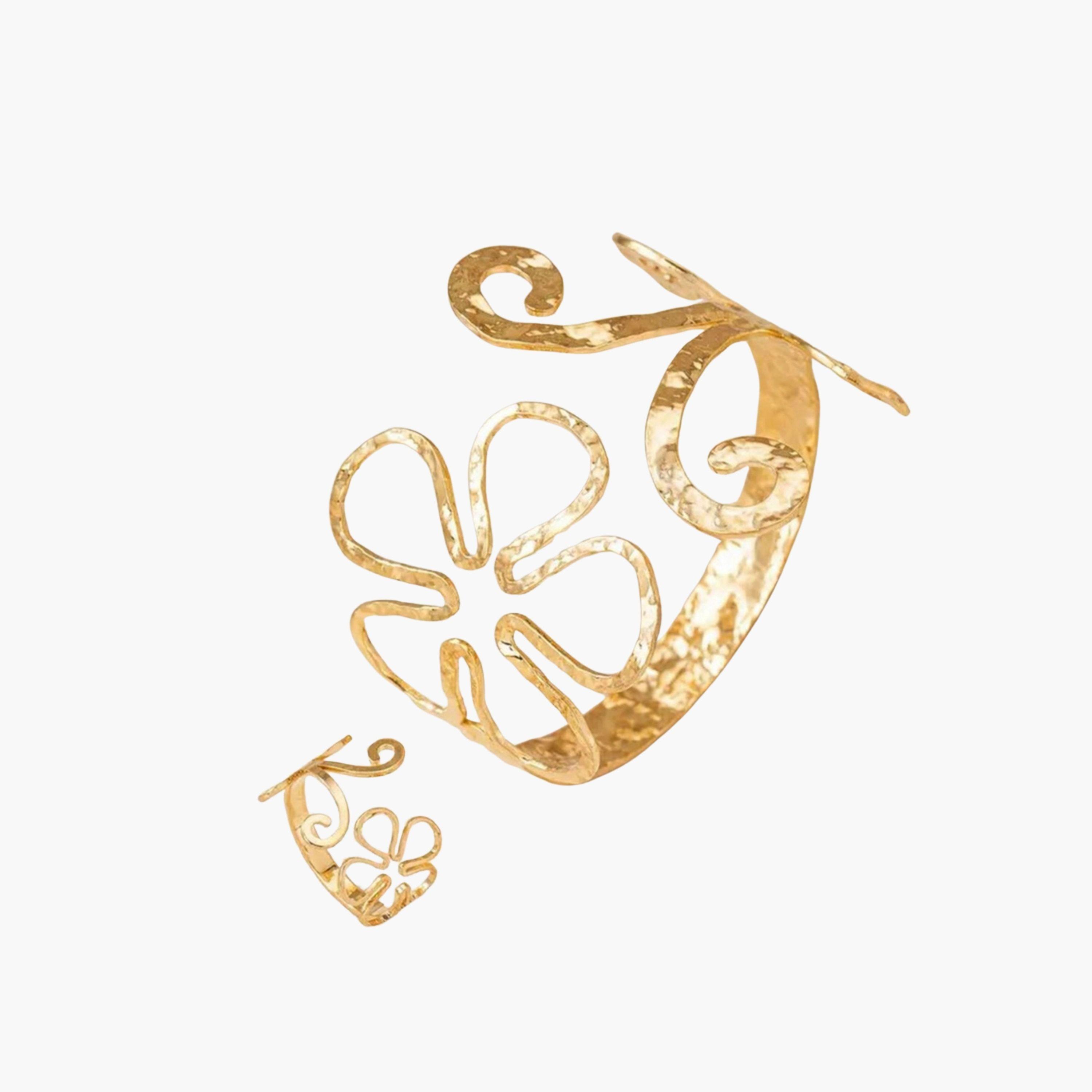 تيك تو - طقم سوار وخاتم مجوف محفور تصميم زهرة-women-watchesandjewellery-jewellery-jewellerysets-image-1