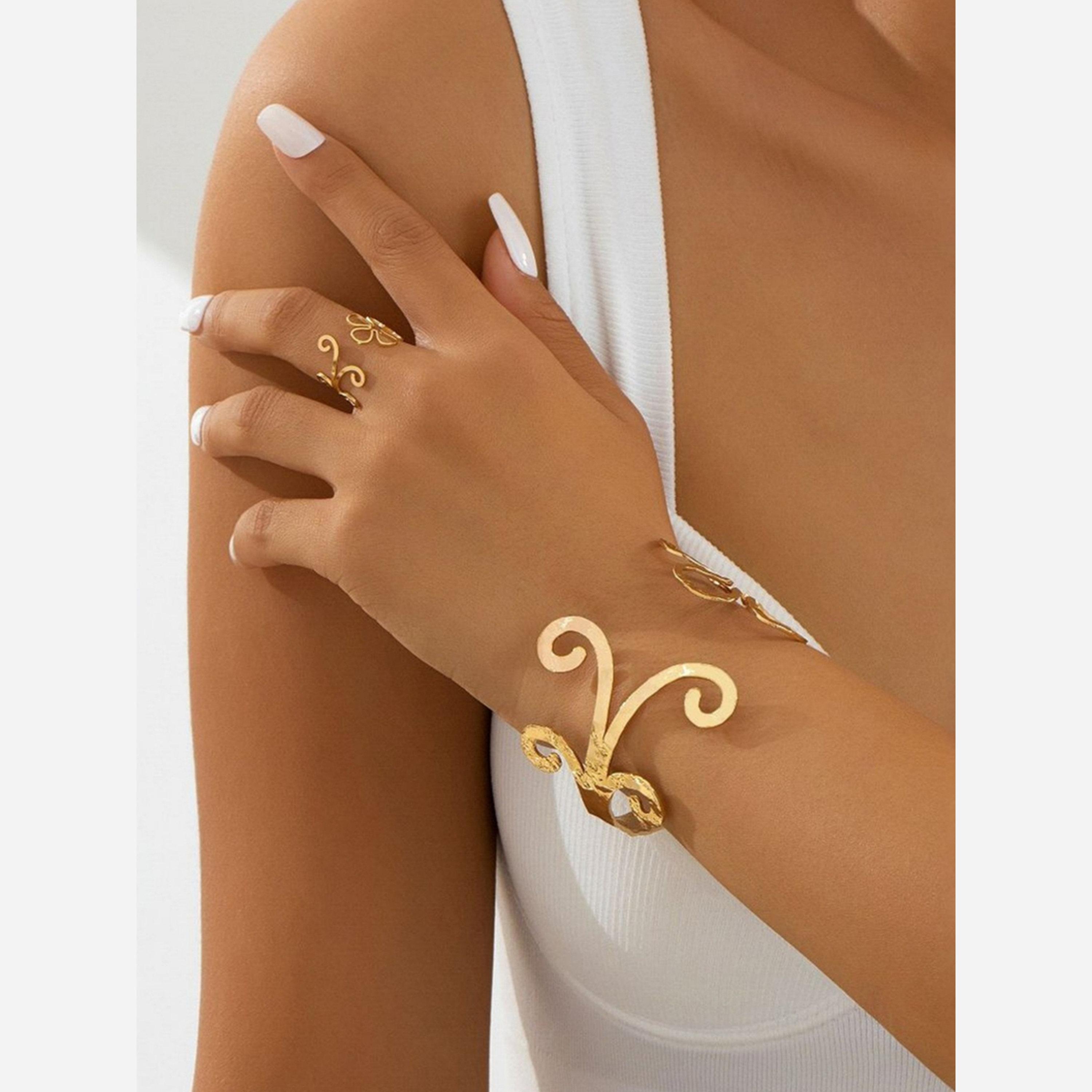 تيك تو - طقم سوار وخاتم مجوف محفور تصميم زهرة-women-watchesandjewellery-jewellery-jewellerysets-image-6