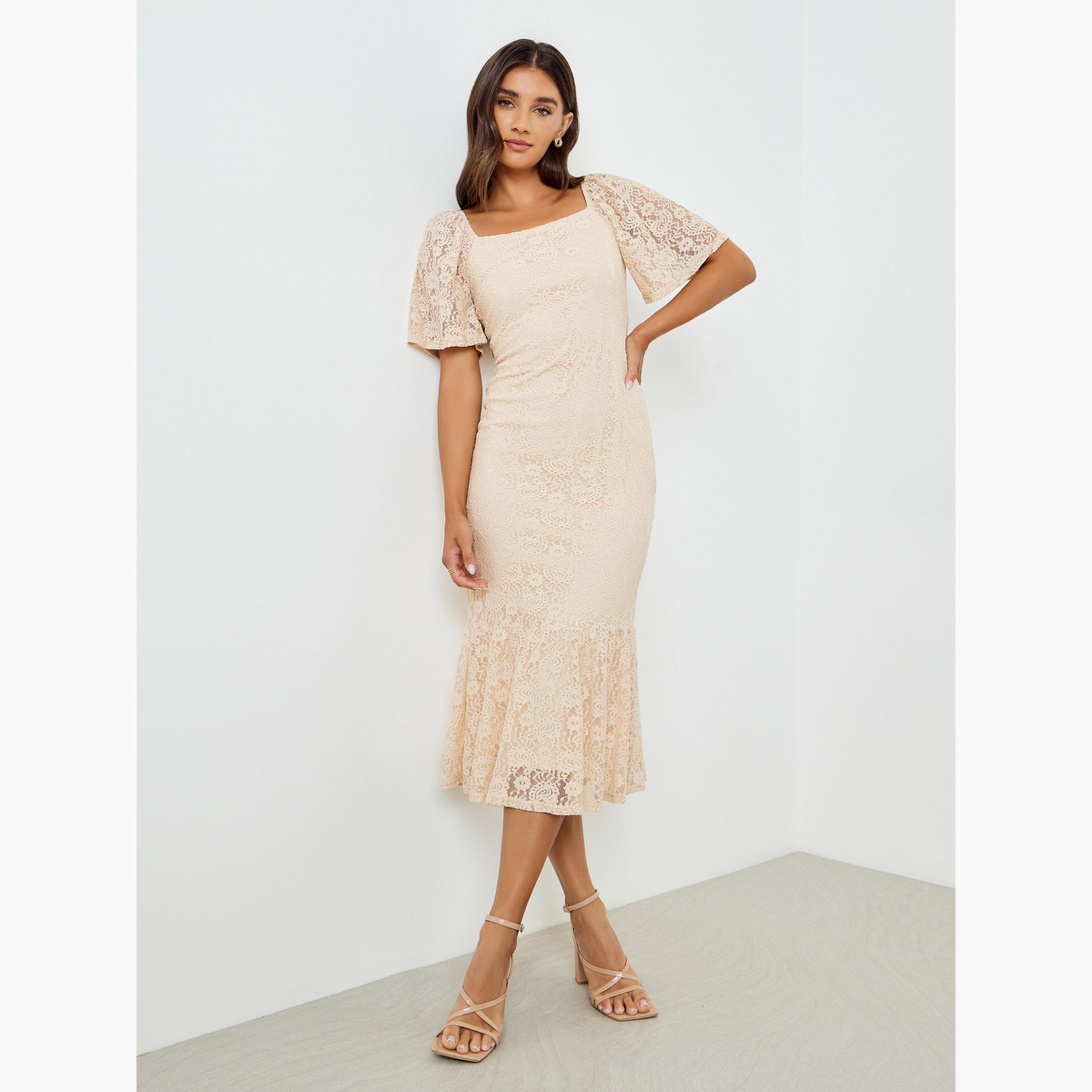 فستان ميدي دانتيل بحافة ذيل السمكة-women-clothing-dresses-image-1