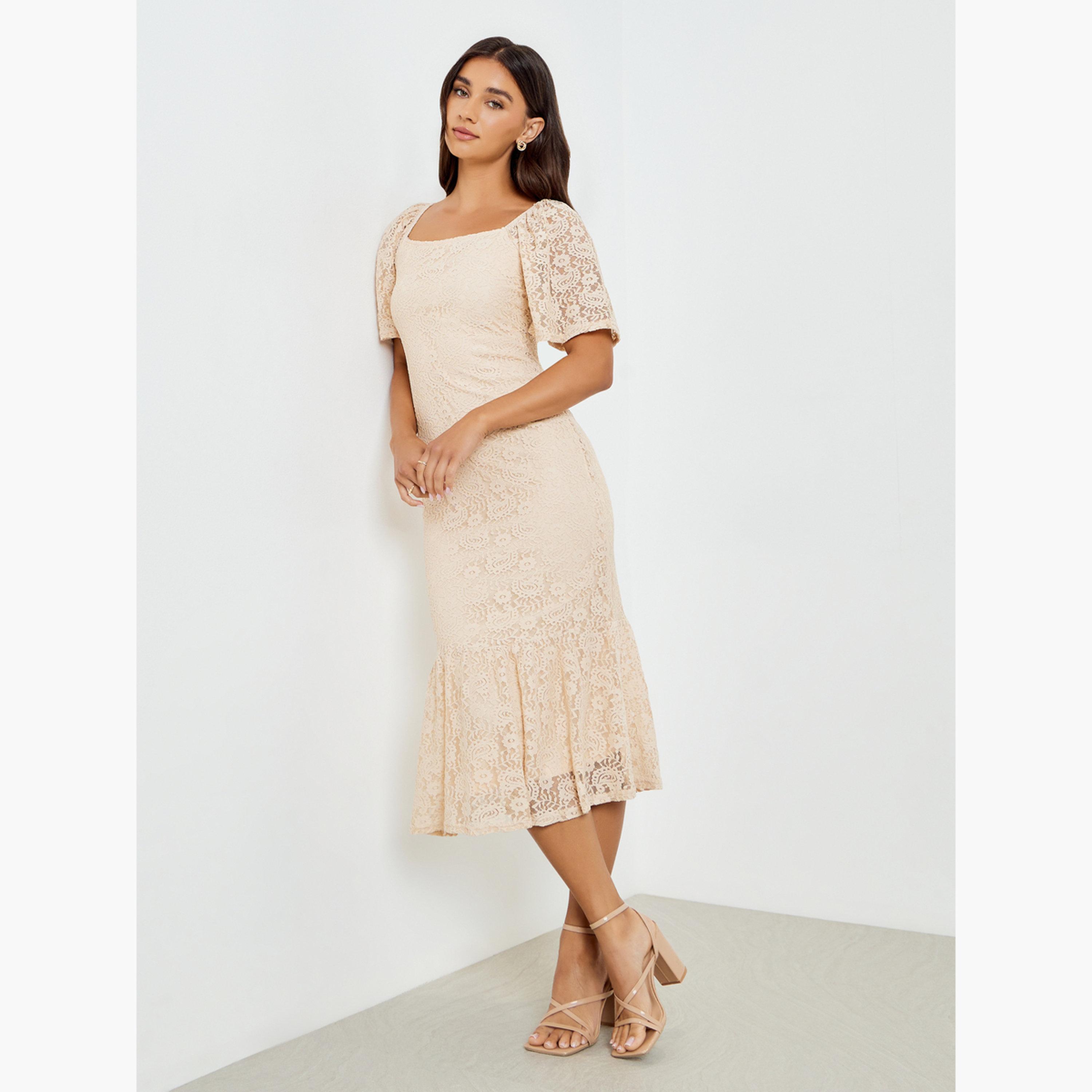 فستان ميدي دانتيل بحافة ذيل السمكة-women-clothing-dresses-image-2