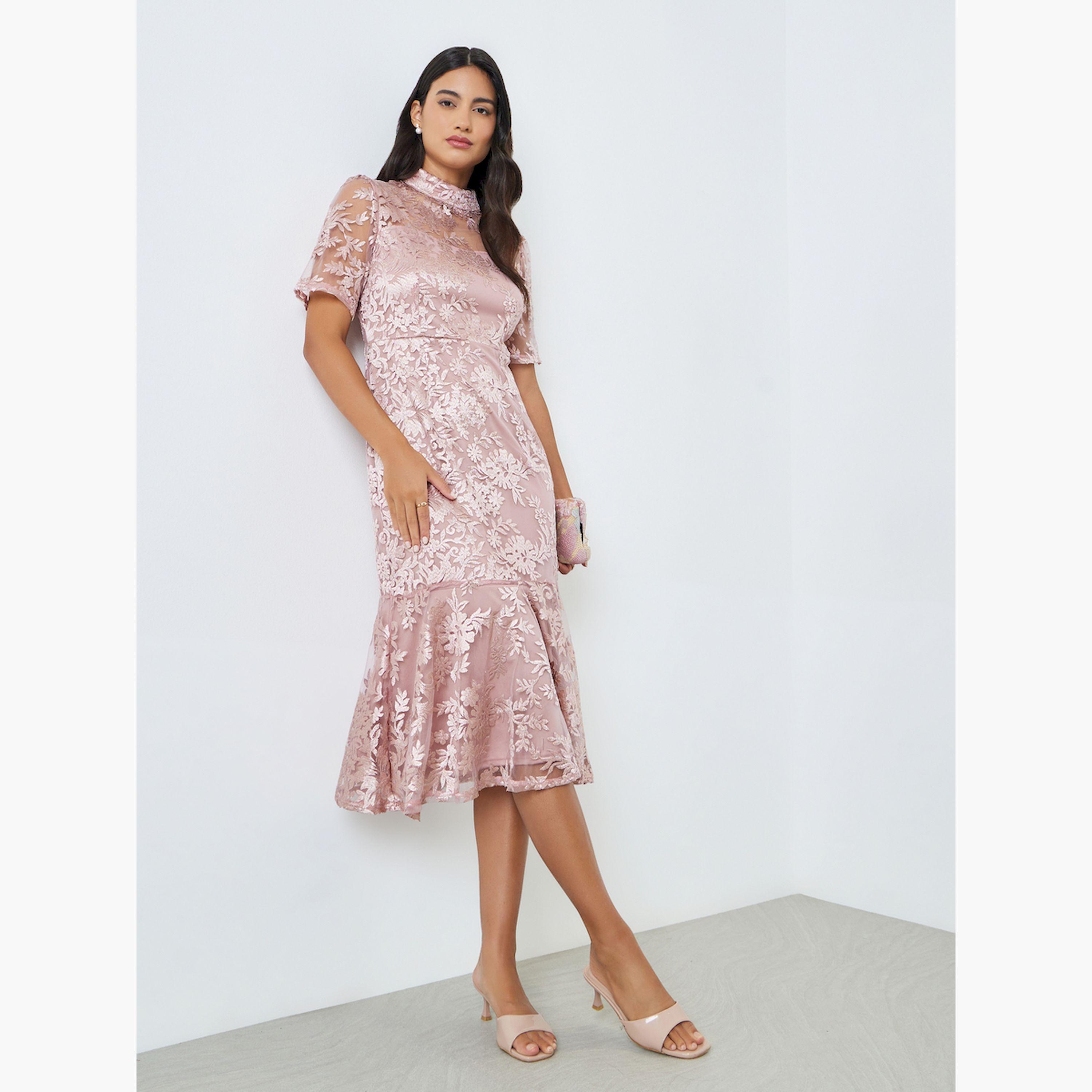 Styli Pink All-Lace Mermaid Hem Midi Dress-women-clothing-dresses-image-3