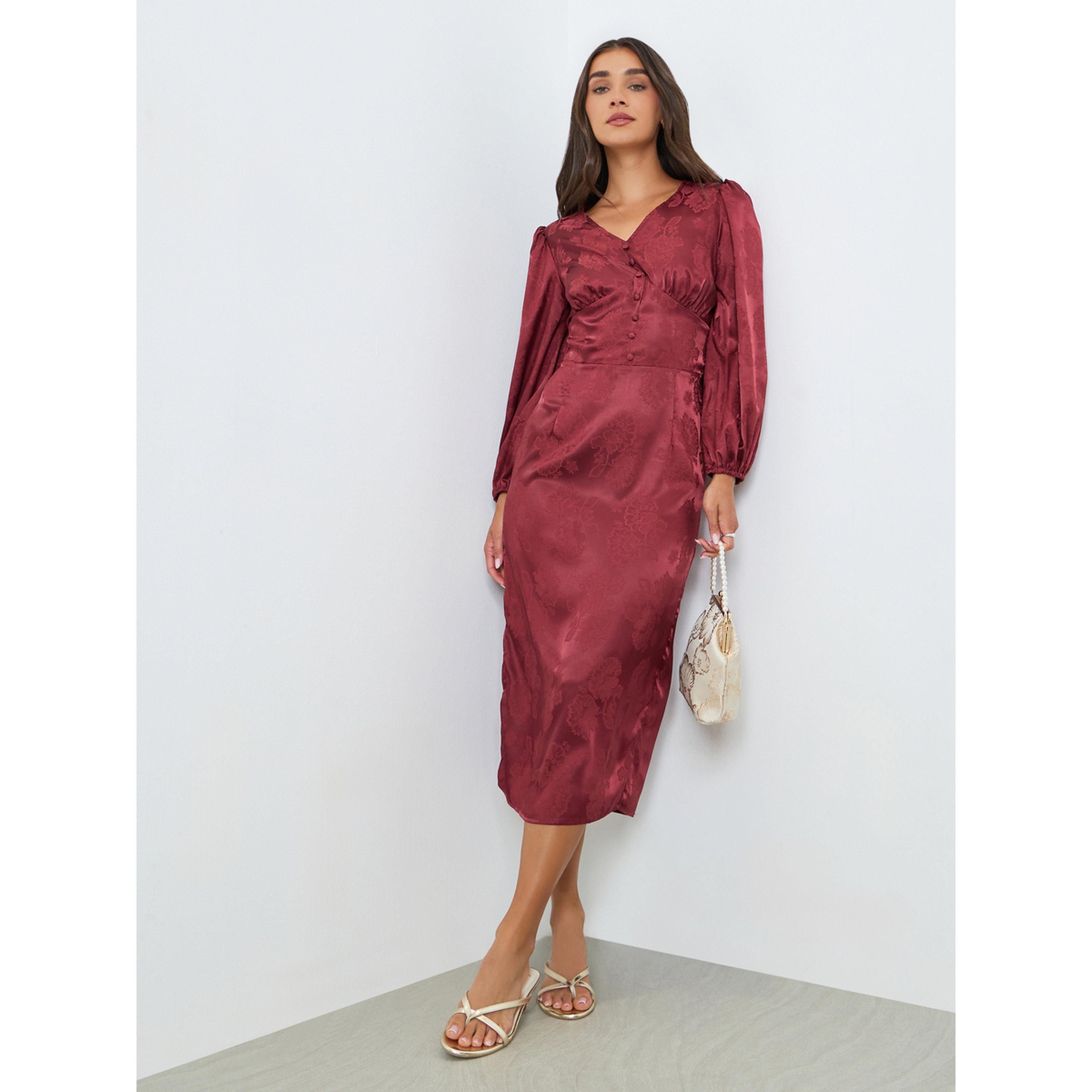 فستان ميدي ضيق بأكمام منفوخة وطبعة زهور-women-clothing-dresses-image-1