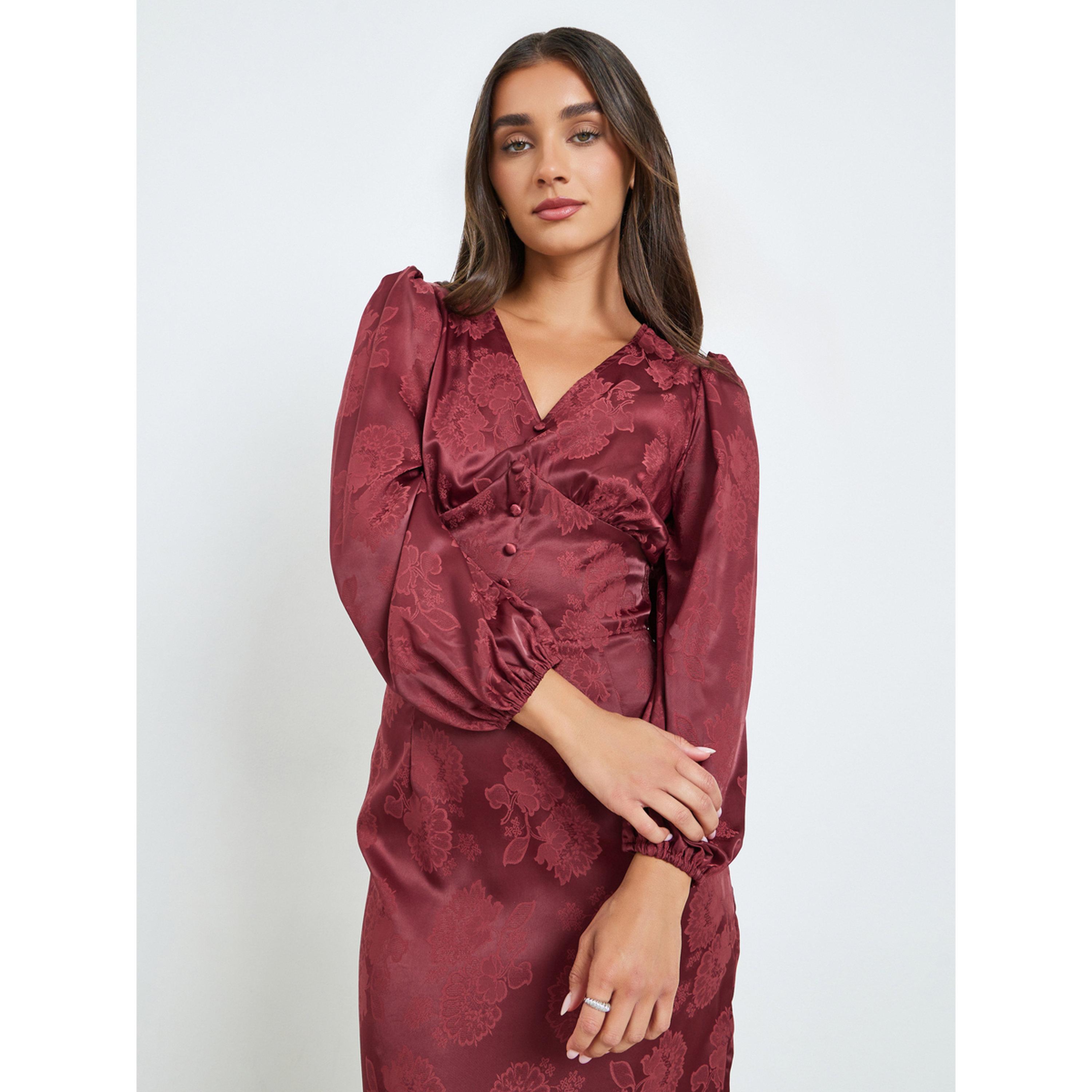 فستان ميدي ضيق بأكمام منفوخة وطبعة زهور-women-clothing-dresses-image-2
