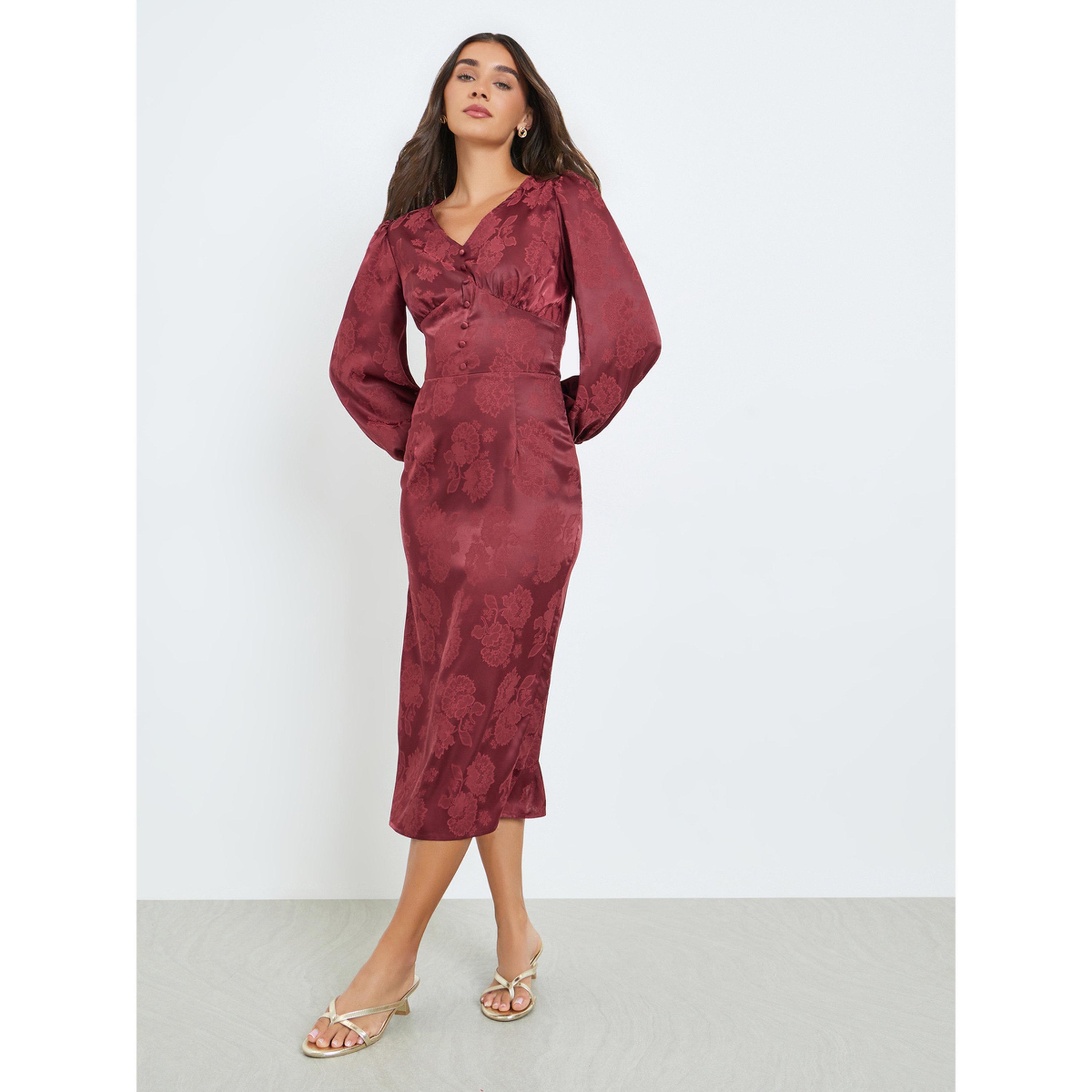 فستان ميدي ضيق بأكمام منفوخة وطبعة زهور-women-clothing-dresses-image-3