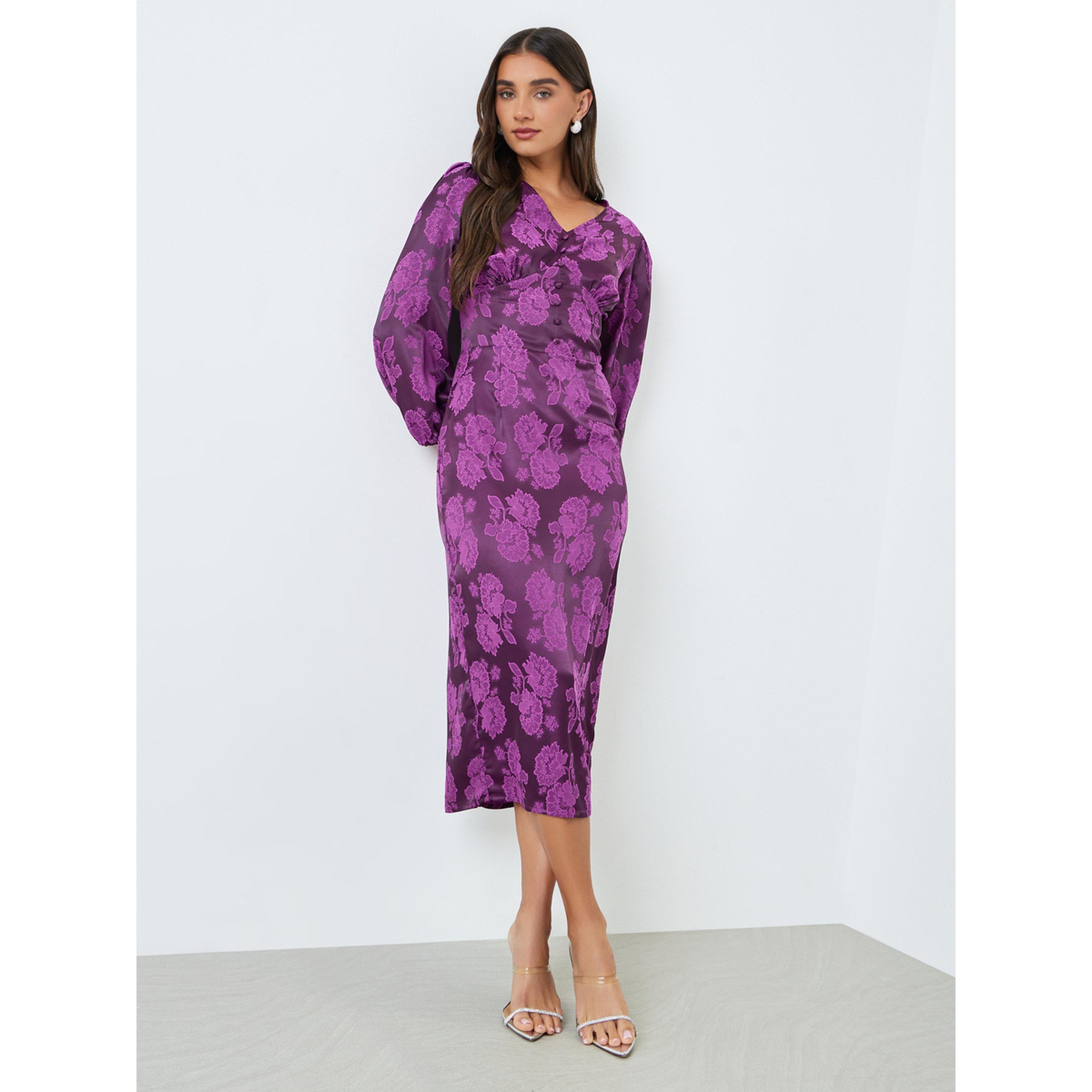 فستان ميدي ضيق بأكمام منفوخة وطبعة زهور-women-clothing-dresses-image-1