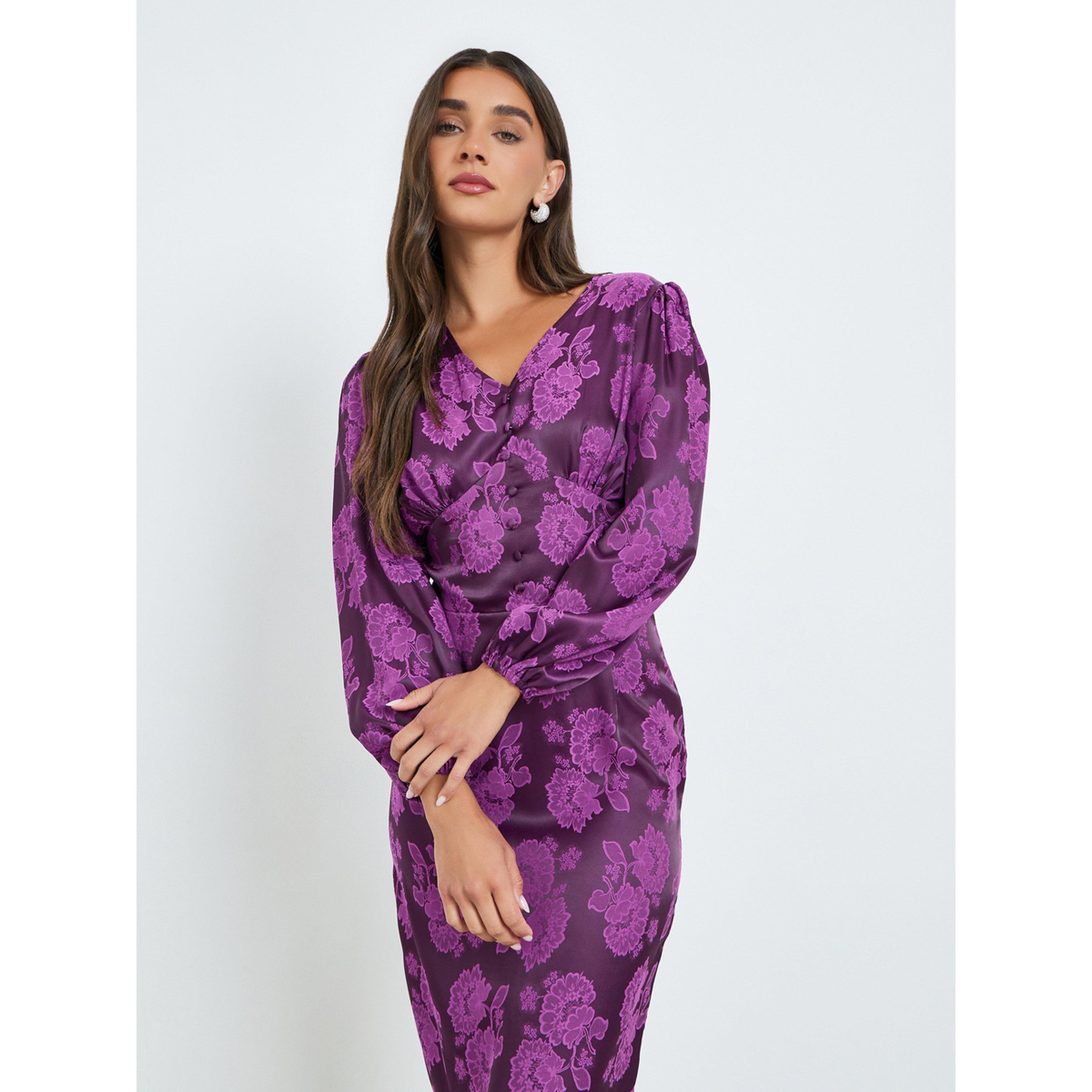 فستان ميدي ضيق بأكمام منفوخة وطبعة زهور-women-clothing-dresses-image-2