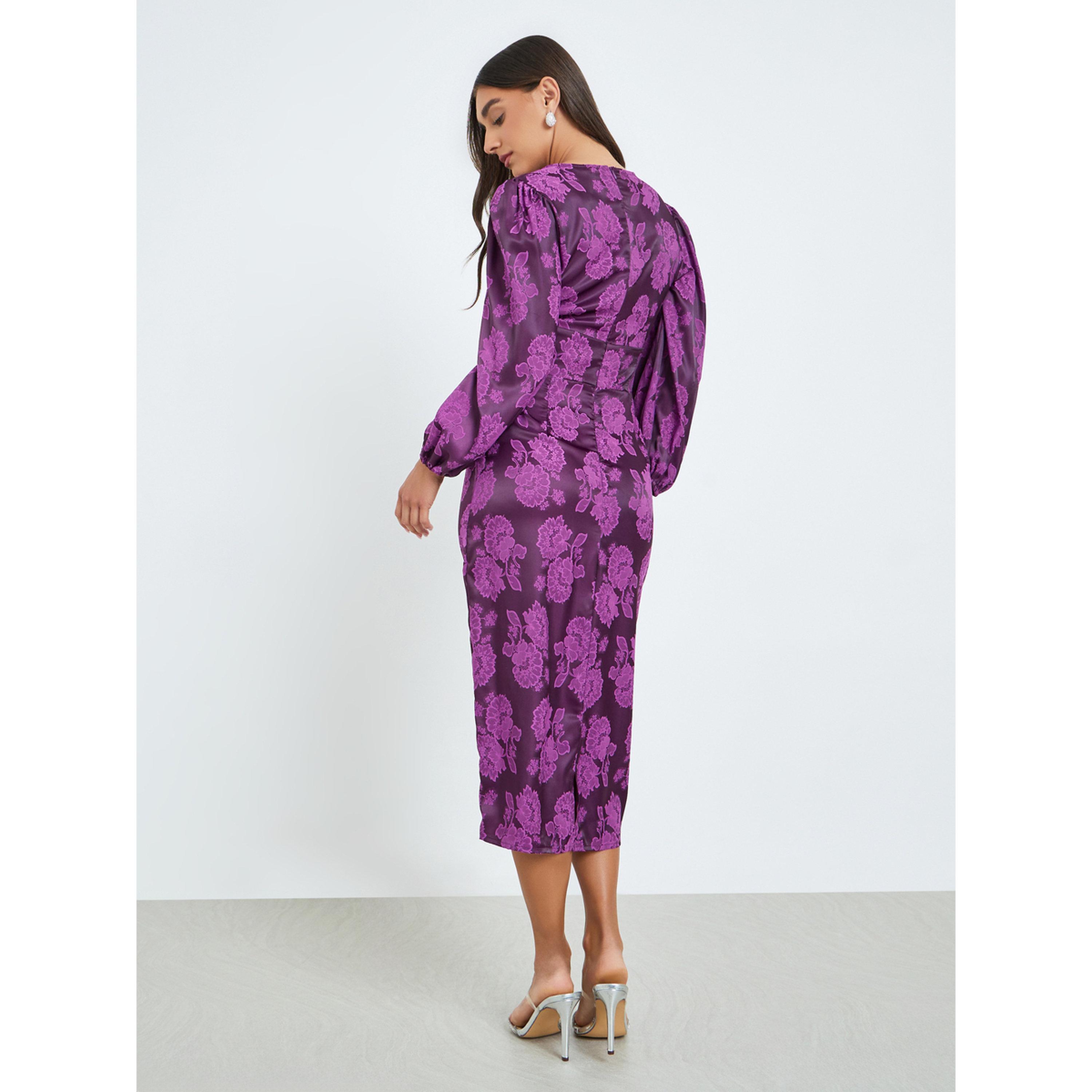 فستان ميدي ضيق بأكمام منفوخة وطبعة زهور-women-clothing-dresses-image-3