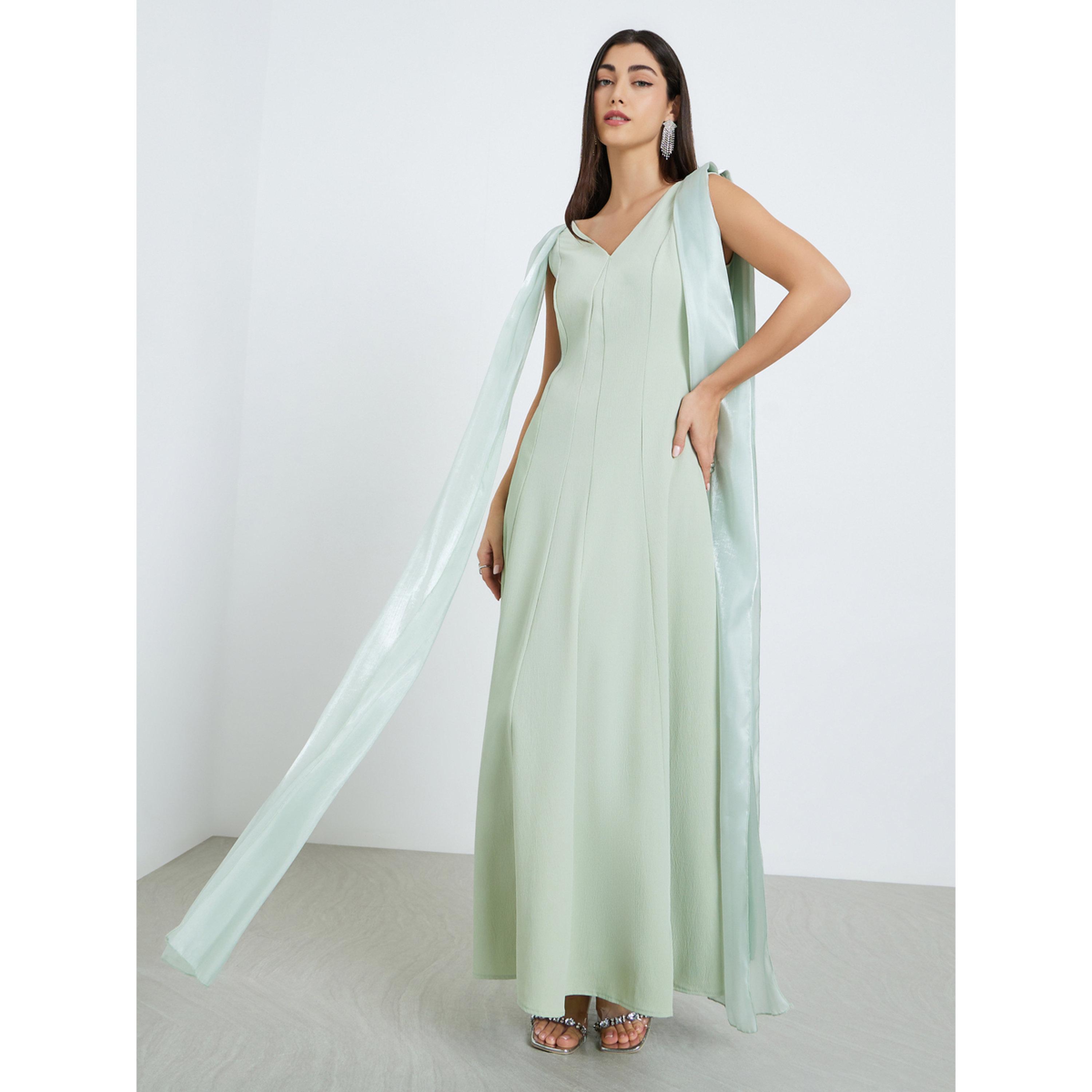فستان أخضر ماكسي بدون أكمام بتفاصيل كاب-women-clothing-dresses-image-1