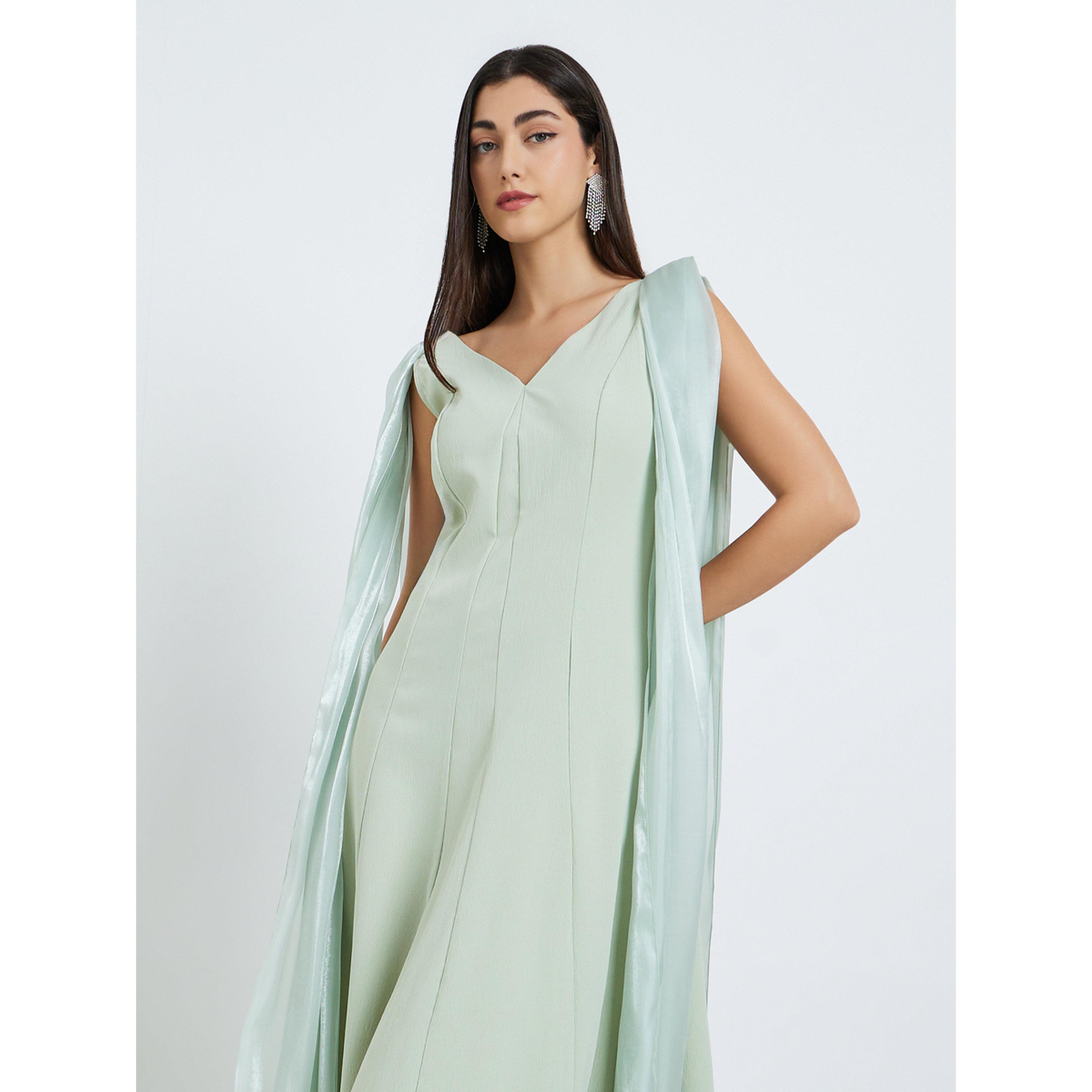 فستان أخضر ماكسي بدون أكمام بتفاصيل كاب-women-clothing-dresses-image-2