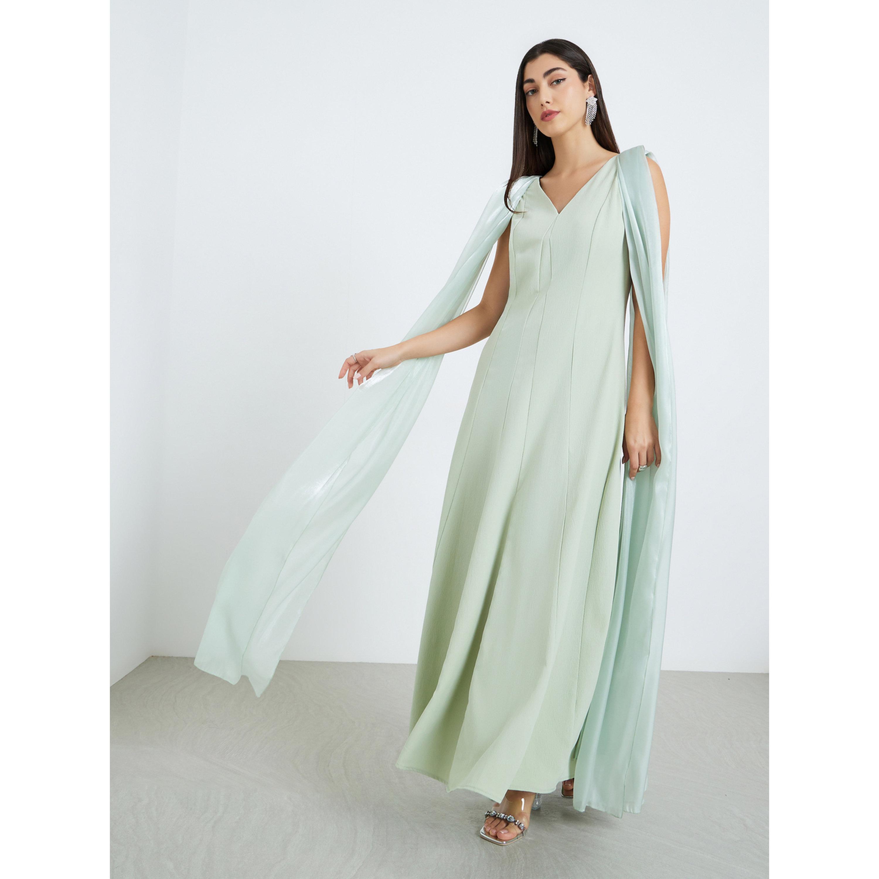 فستان أخضر ماكسي بدون أكمام بتفاصيل كاب-women-clothing-dresses-image-3