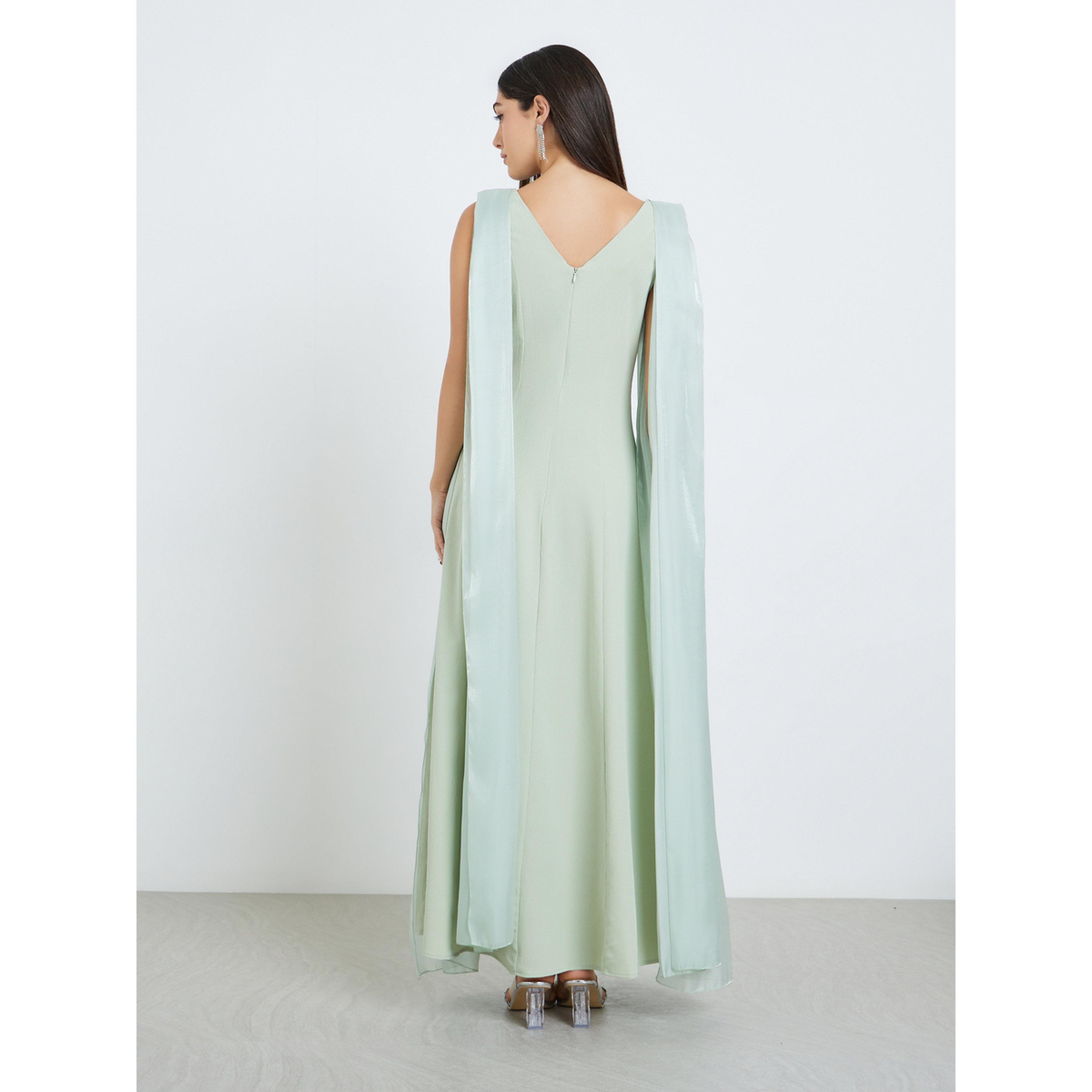 فستان أخضر ماكسي بدون أكمام بتفاصيل كاب-women-clothing-dresses-image-4