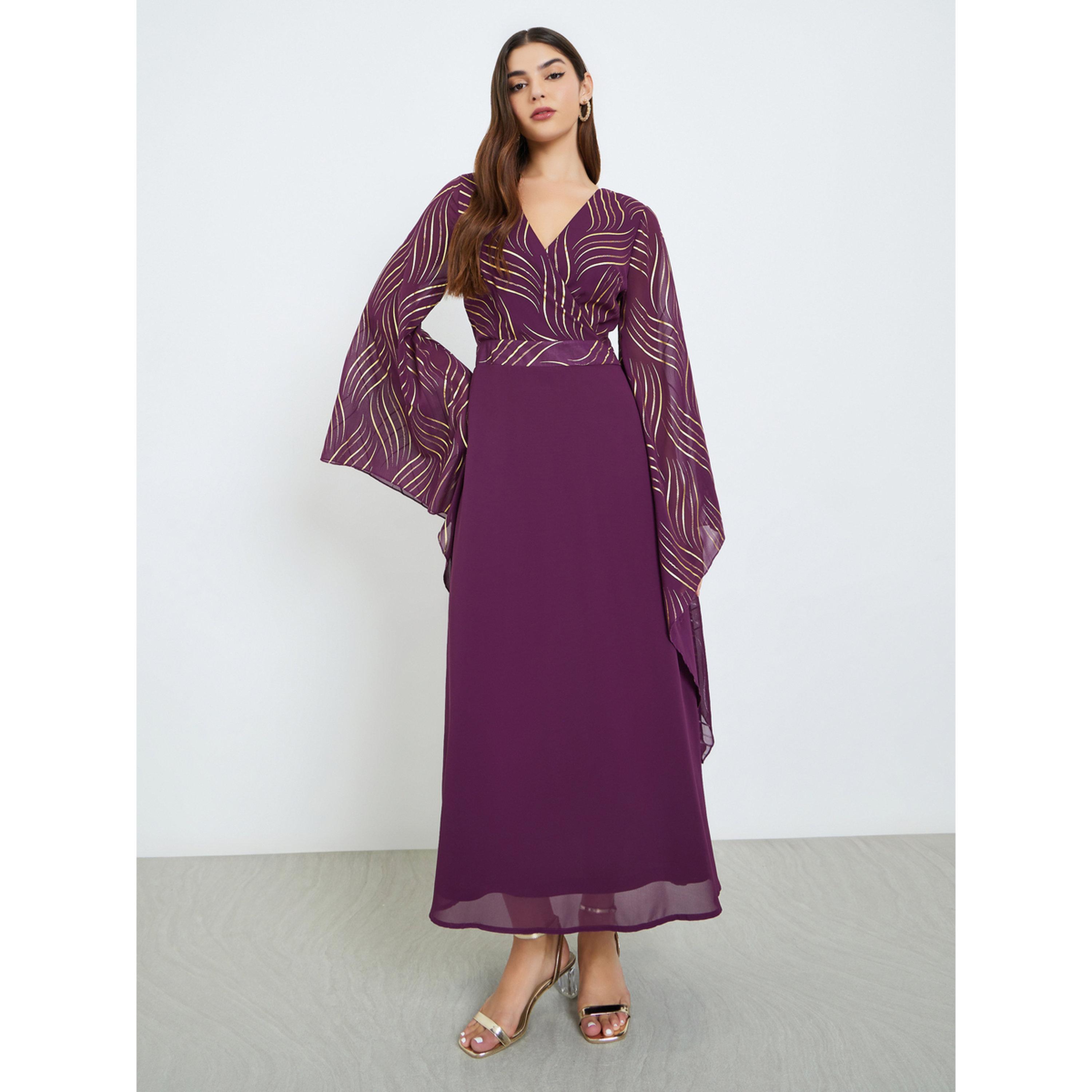 Styli Women Purple Printed Bell Sleeve A-Line Maxi Dress-women-clothing-dresses-image-1