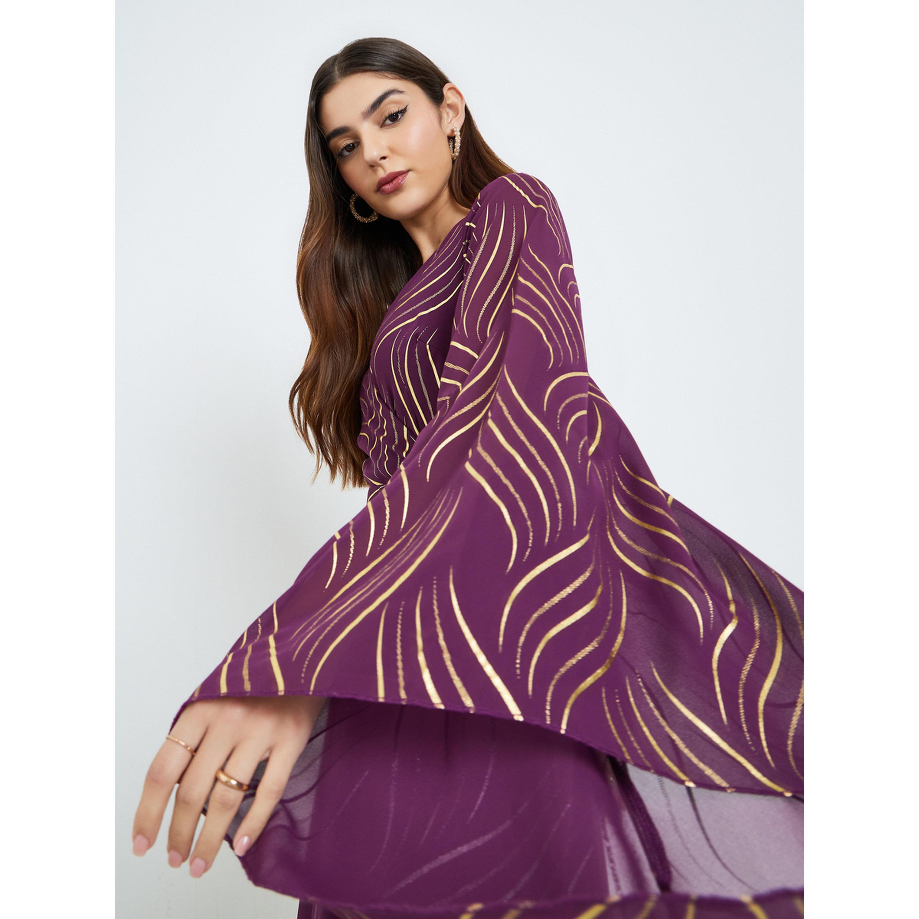 Styli Women Purple Printed Bell Sleeve A-Line Maxi Dress-women-clothing-dresses-image-2