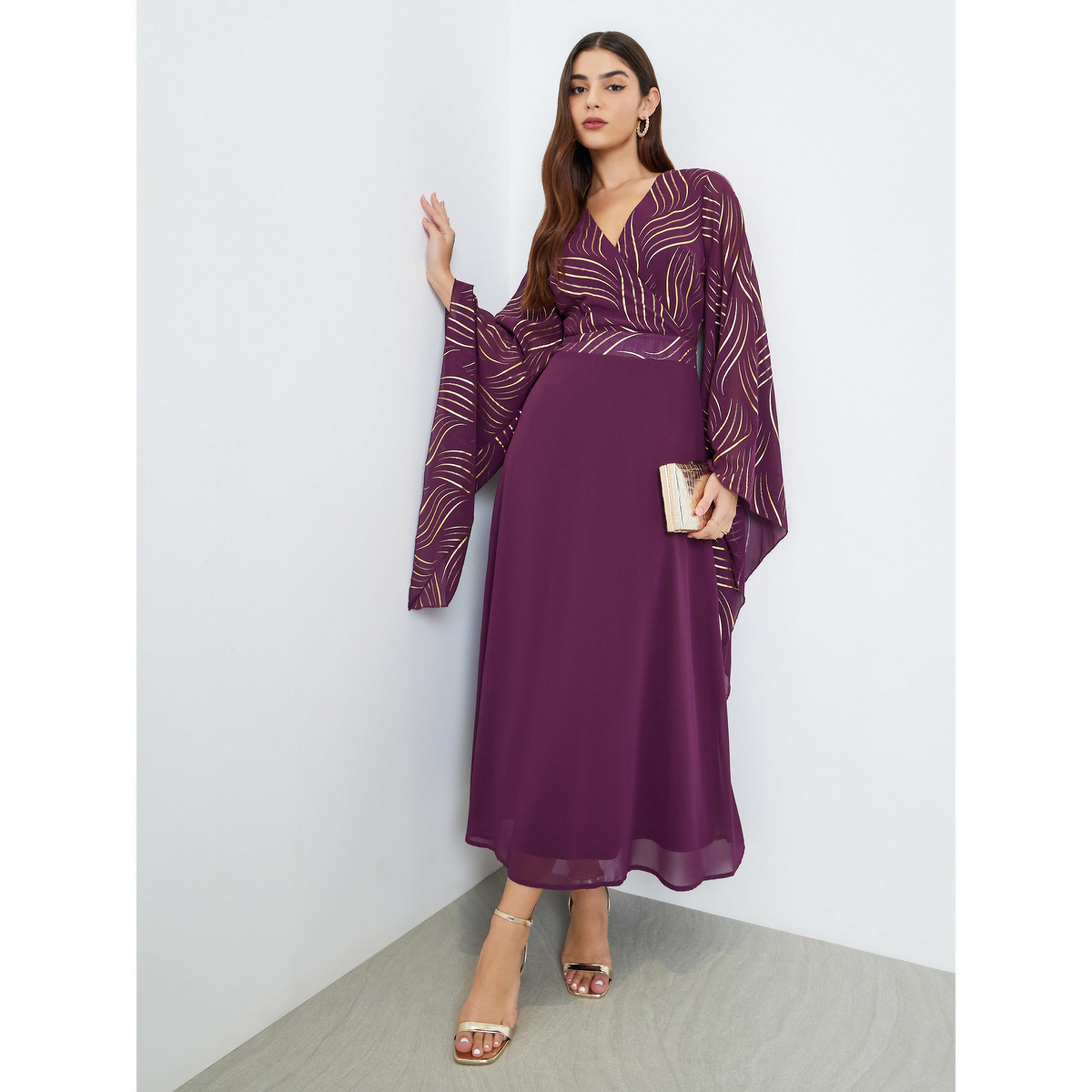 Styli Women Purple Printed Bell Sleeve A-Line Maxi Dress-women-clothing-dresses-image-3