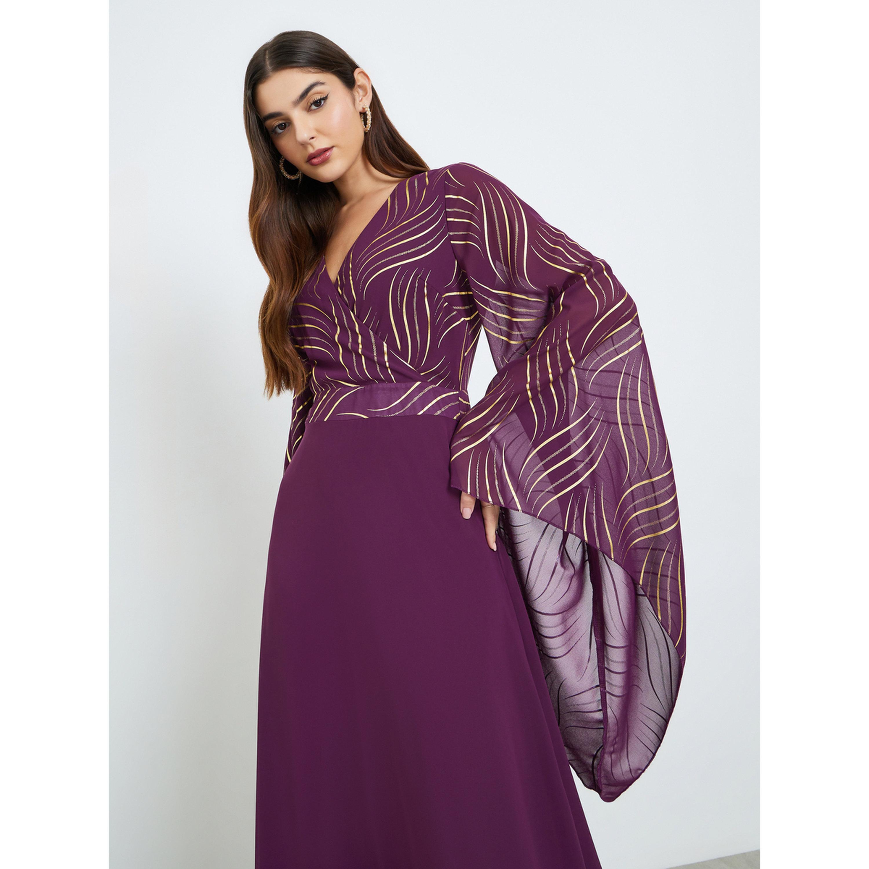 Styli Women Purple Printed Bell Sleeve A-Line Maxi Dress-women-clothing-dresses-image-4