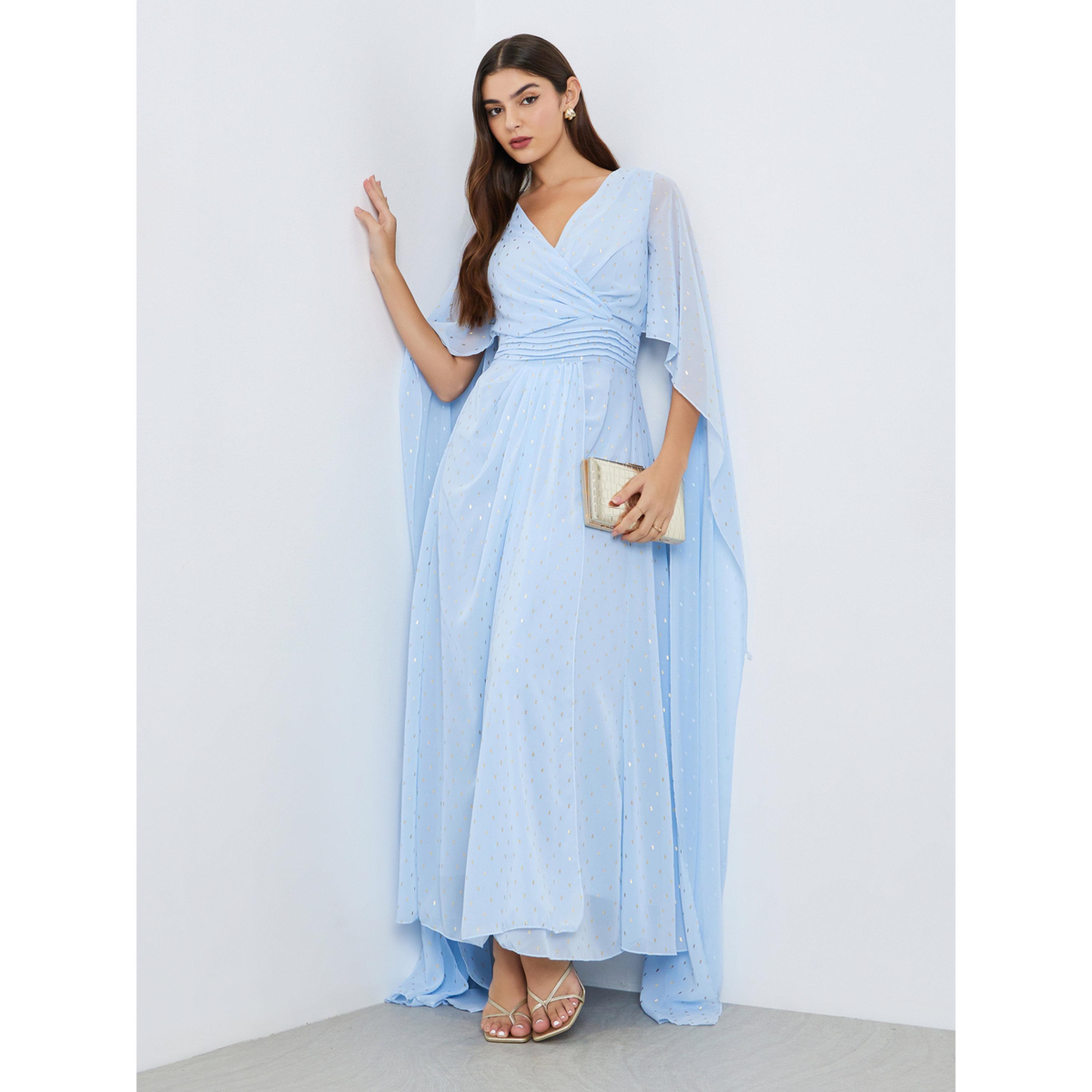 Styli Women Blue Foil Print Cape Sleeve Maxi Dress-women-clothing-dresses-image-1