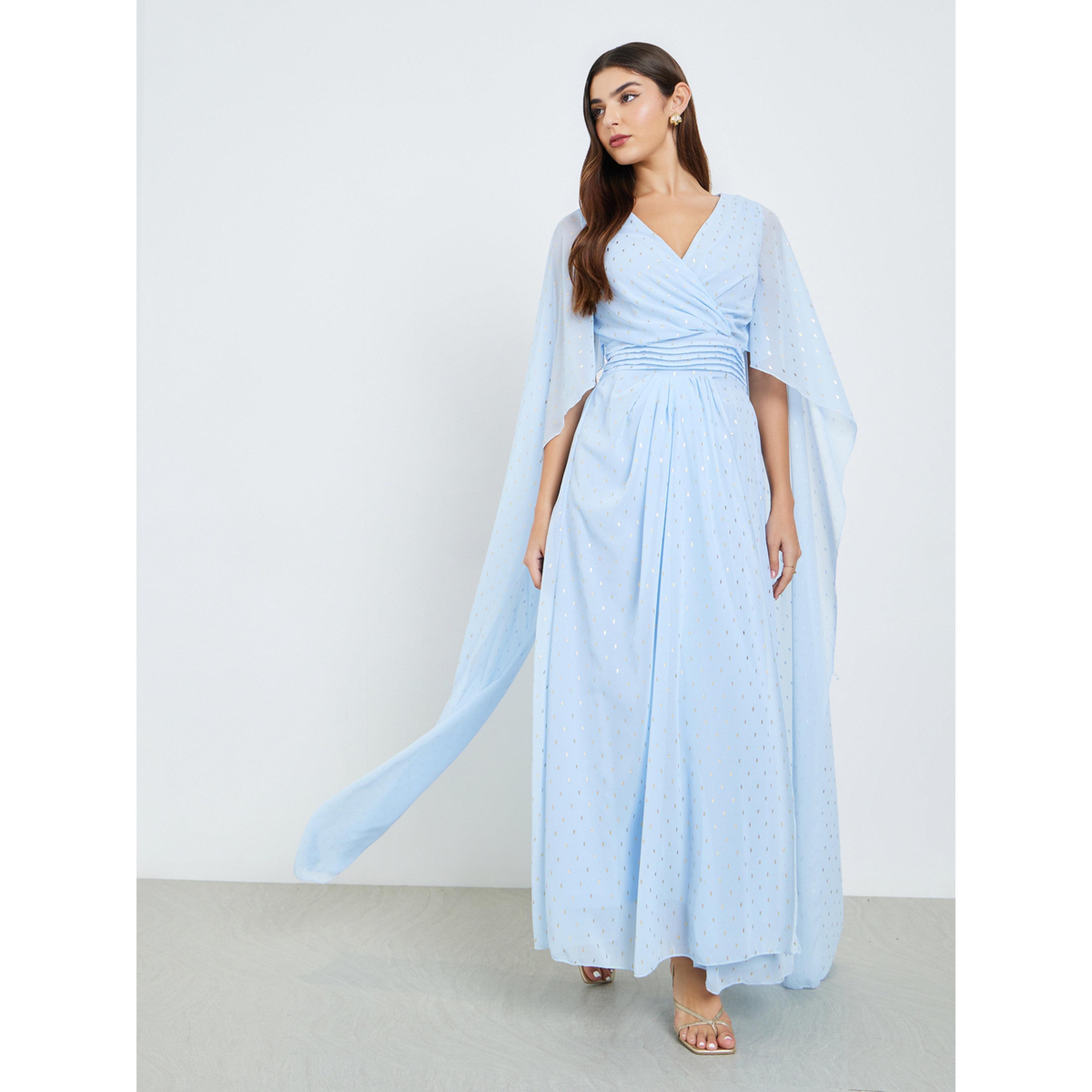 Styli Women Blue Foil Print Cape Sleeve Maxi Dress-women-clothing-dresses-image-3