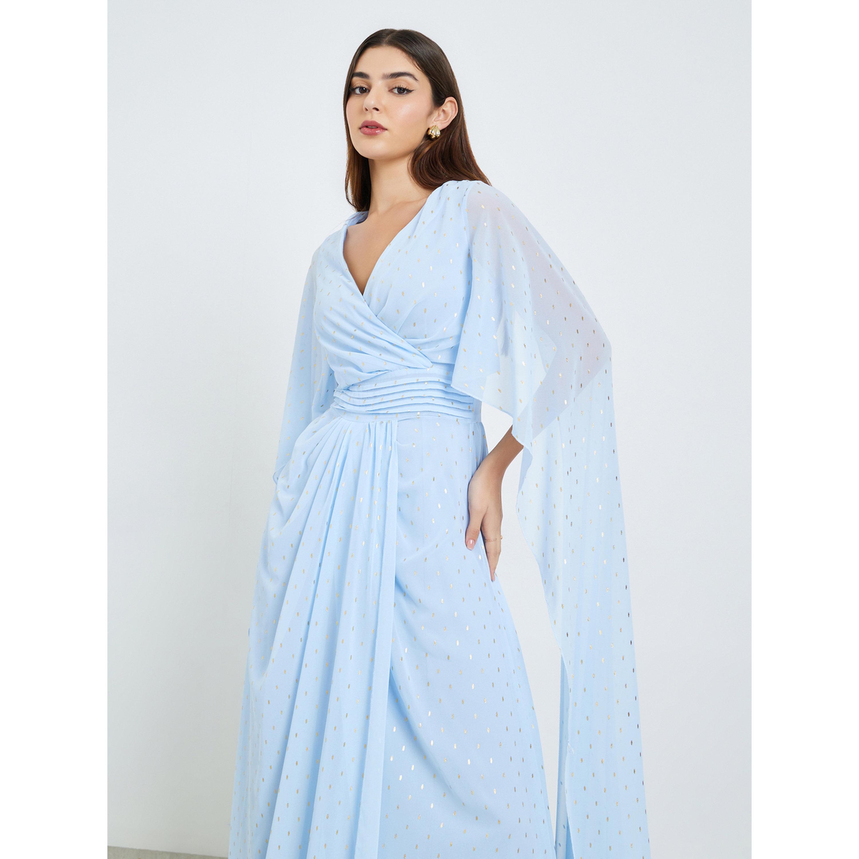 Styli Women Blue Foil Print Cape Sleeve Maxi Dress-women-clothing-dresses-image-4