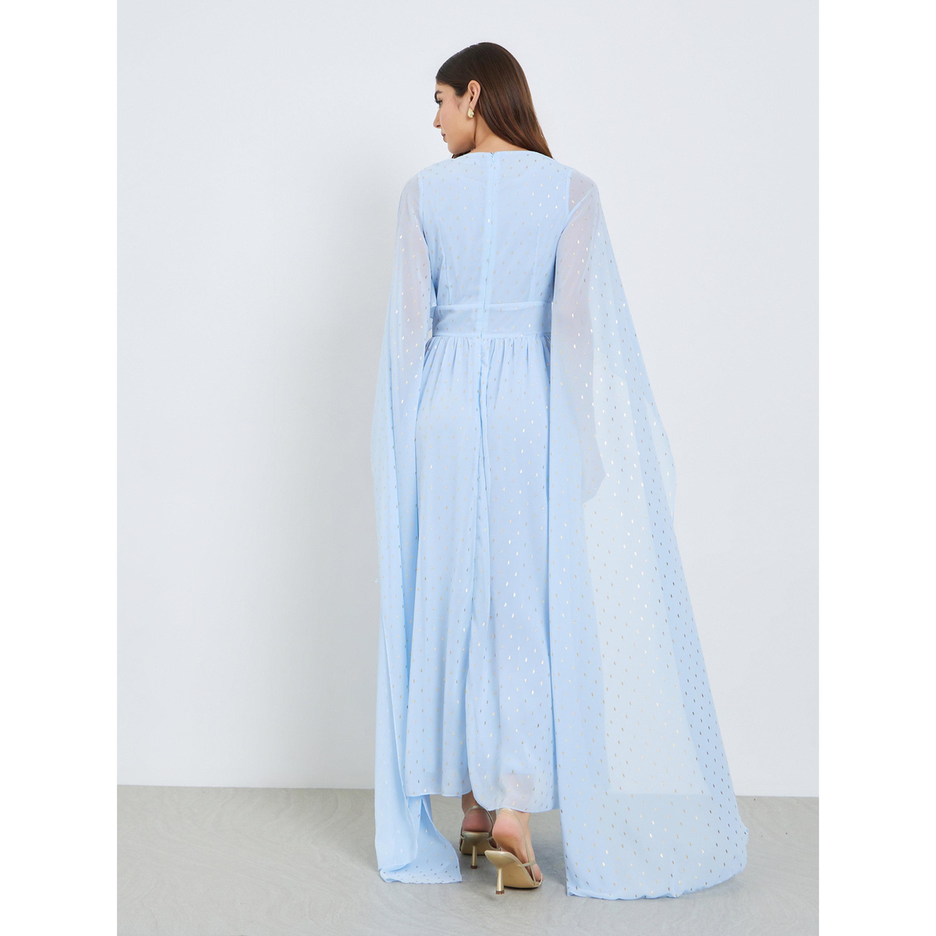 Styli Women Blue Foil Print Cape Sleeve Maxi Dress-women-clothing-dresses-image-5