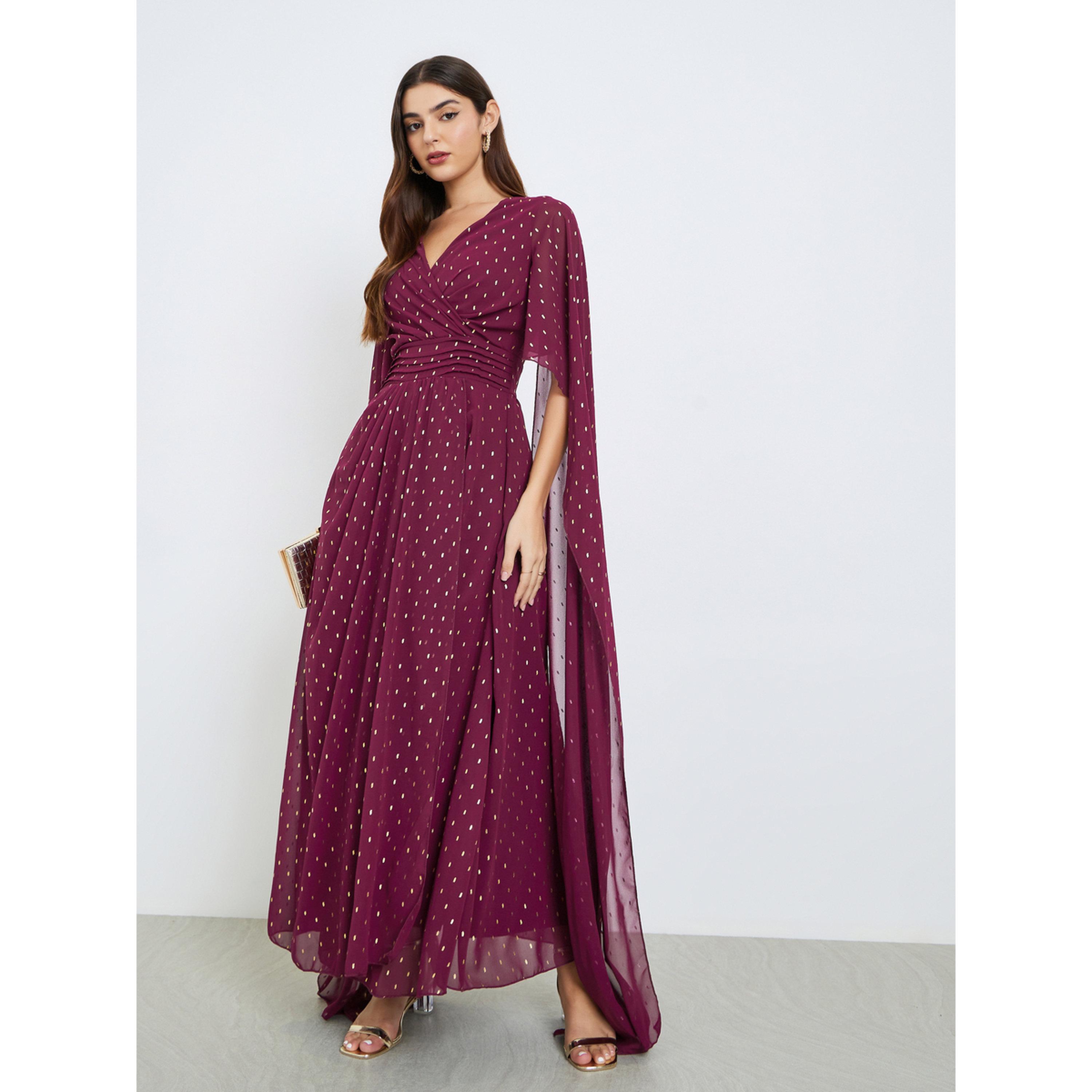 فستان طويل بطبعة فويل وأكمام كيب-women-clothing-dresses-image-1