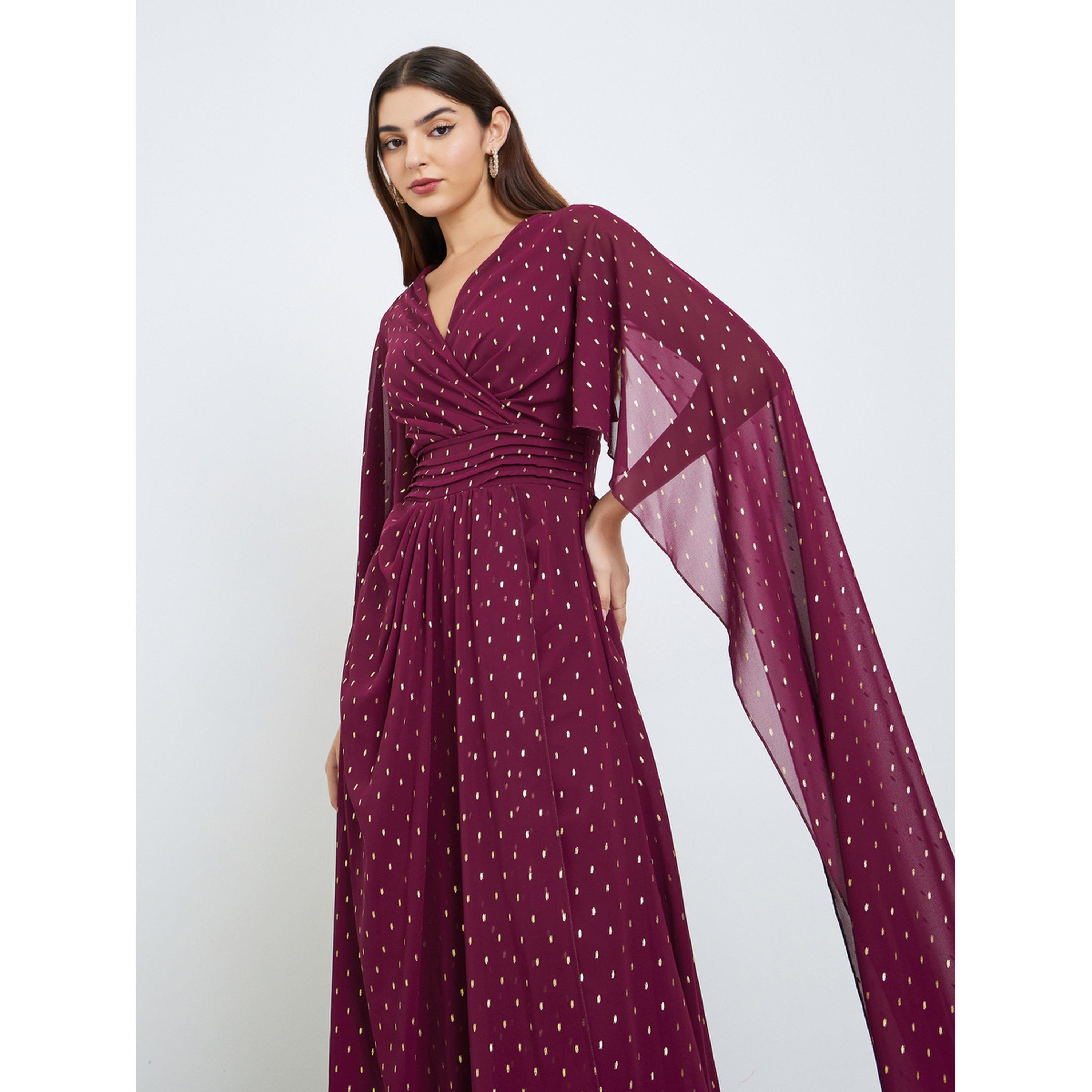 فستان طويل بطبعة فويل وأكمام كيب-women-clothing-dresses-image-2