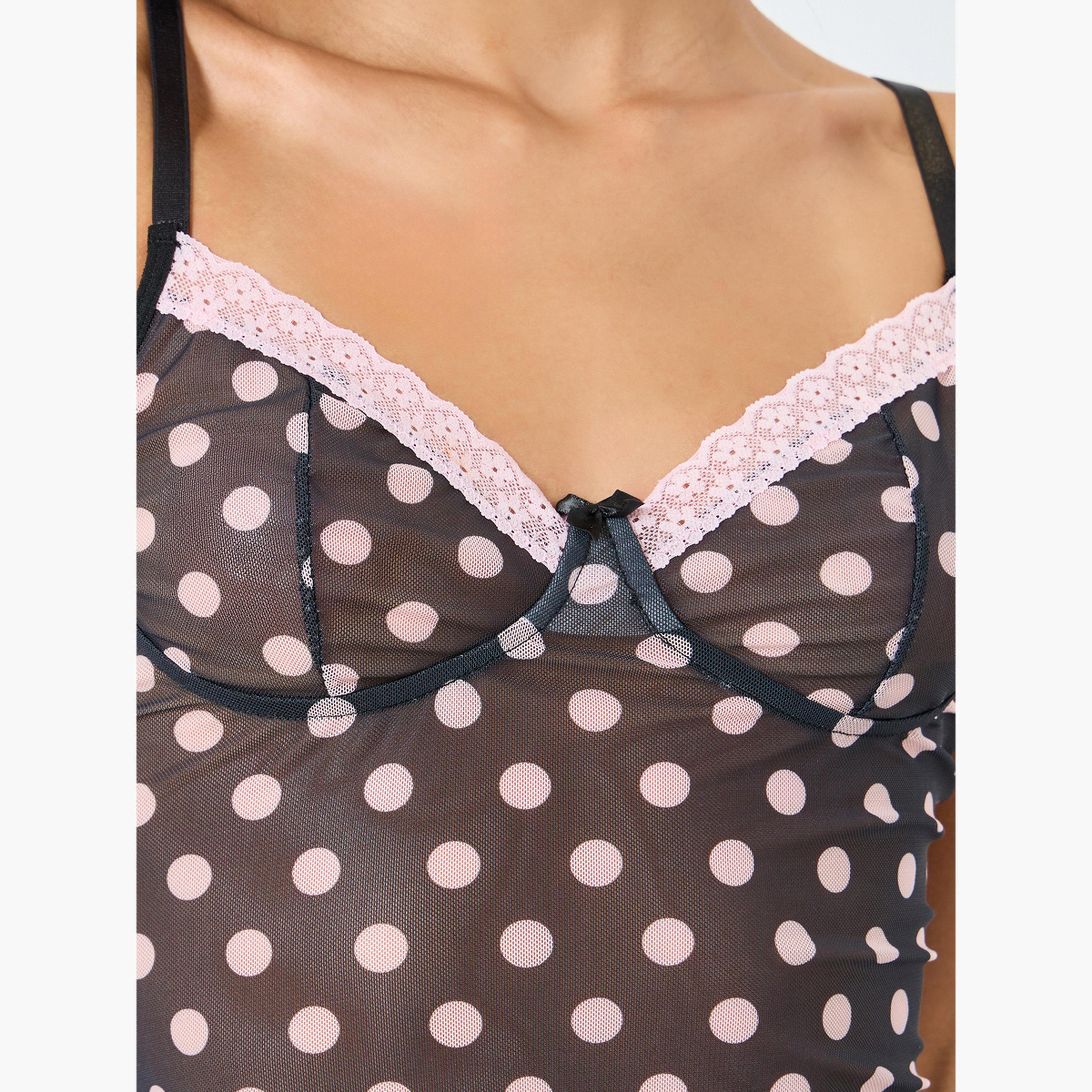 قميص نوم بحواف دانتيل وطبعة بولكا مع سروال داخلي-women-clothing-lingerie-babydollsandbodysuits-image-3