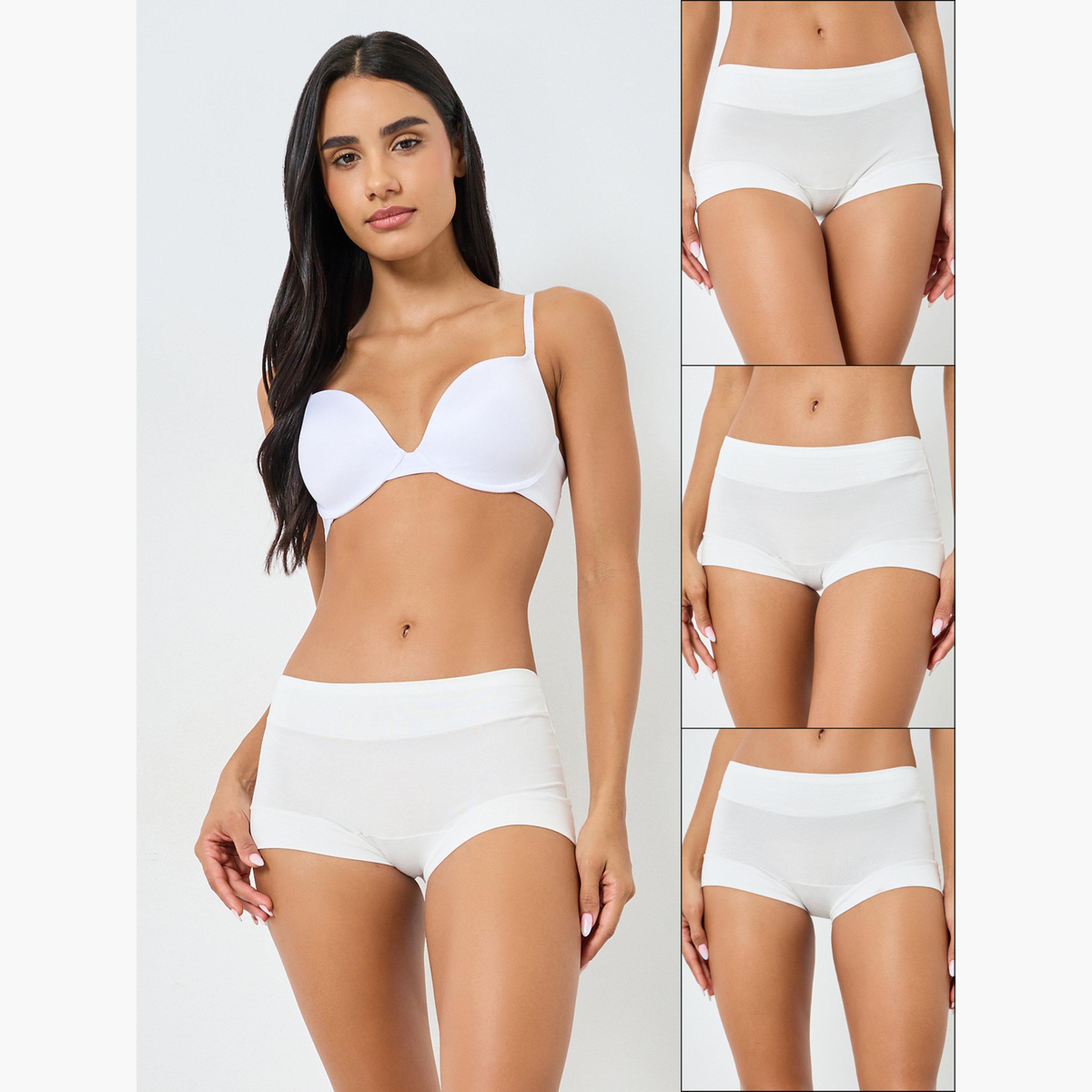 طقم 3 سراويل داخلية بوي شورت بحزام خصر عريض من قطن الإيلاستين-women-clothing-lingerie-panties-image-1