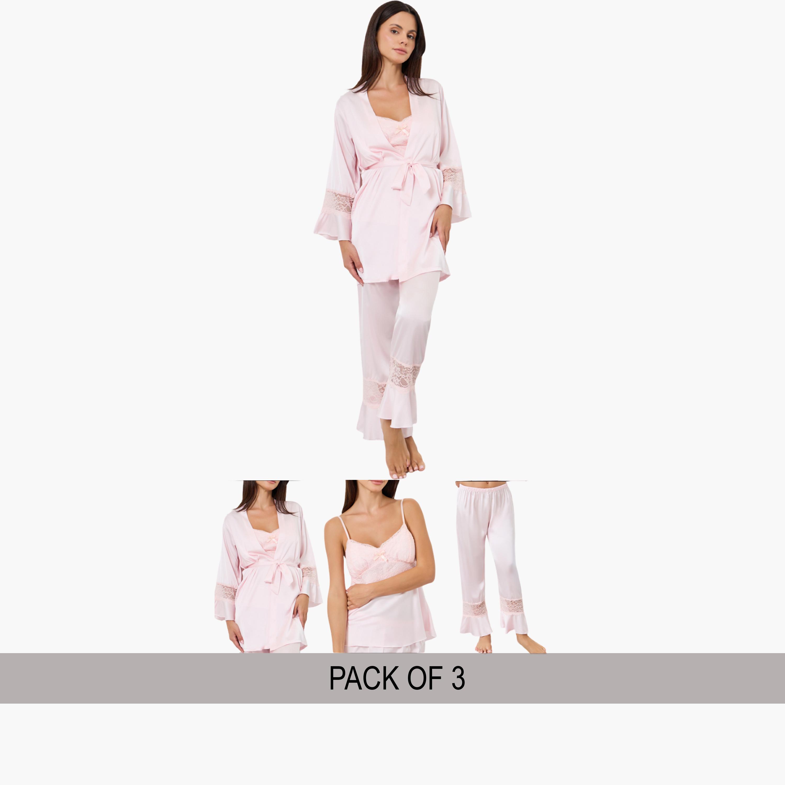 ستايلي - طقم 3 قطع من الدانتيل، يتضمن روب كامي وقميص نوم طويل-women-clothing-nightwear-pyjamas-longsets-image-1