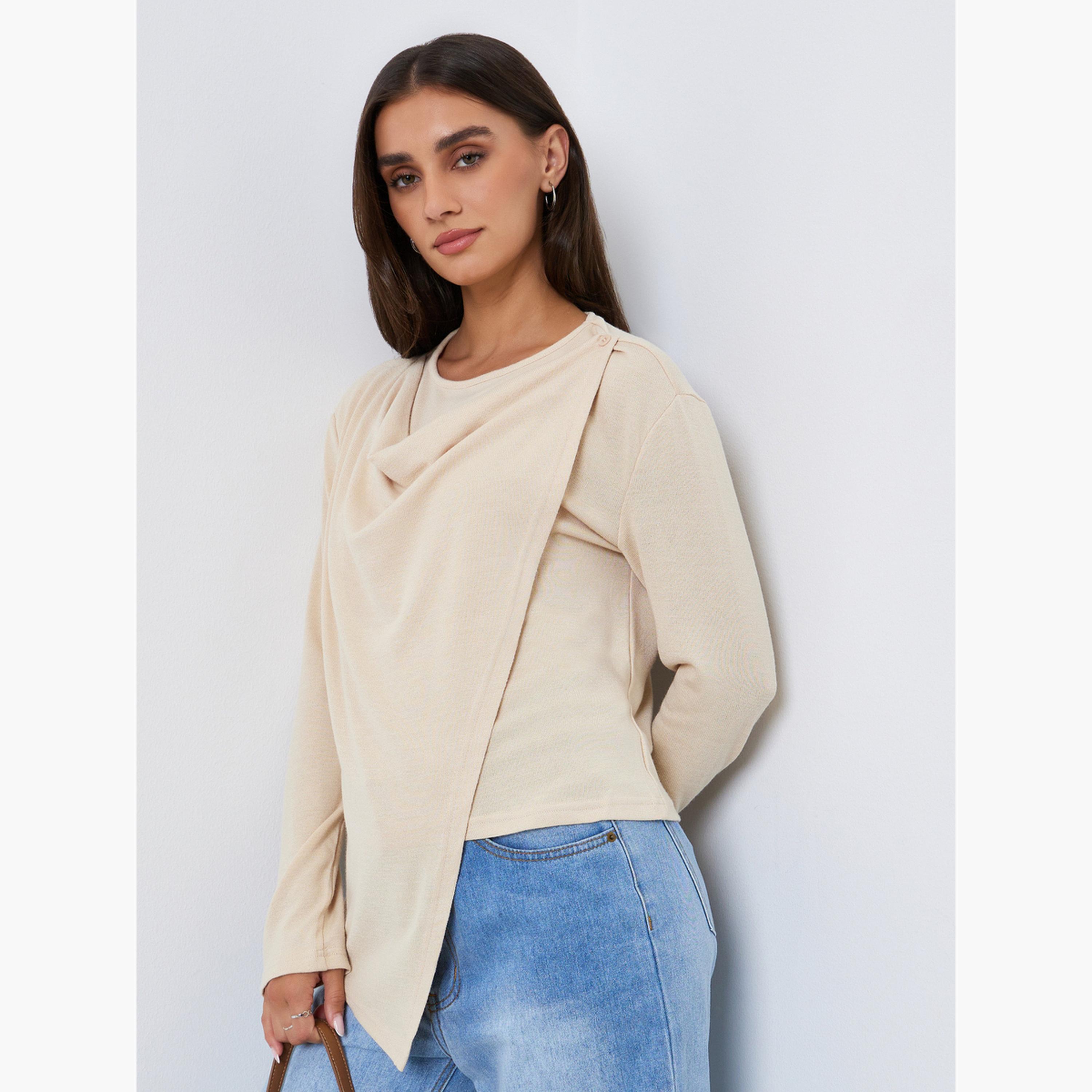 بلوزة بياقة منسدلة وأكمام طويلة-women-clothing-shirtsandblouses-blouses-image-1