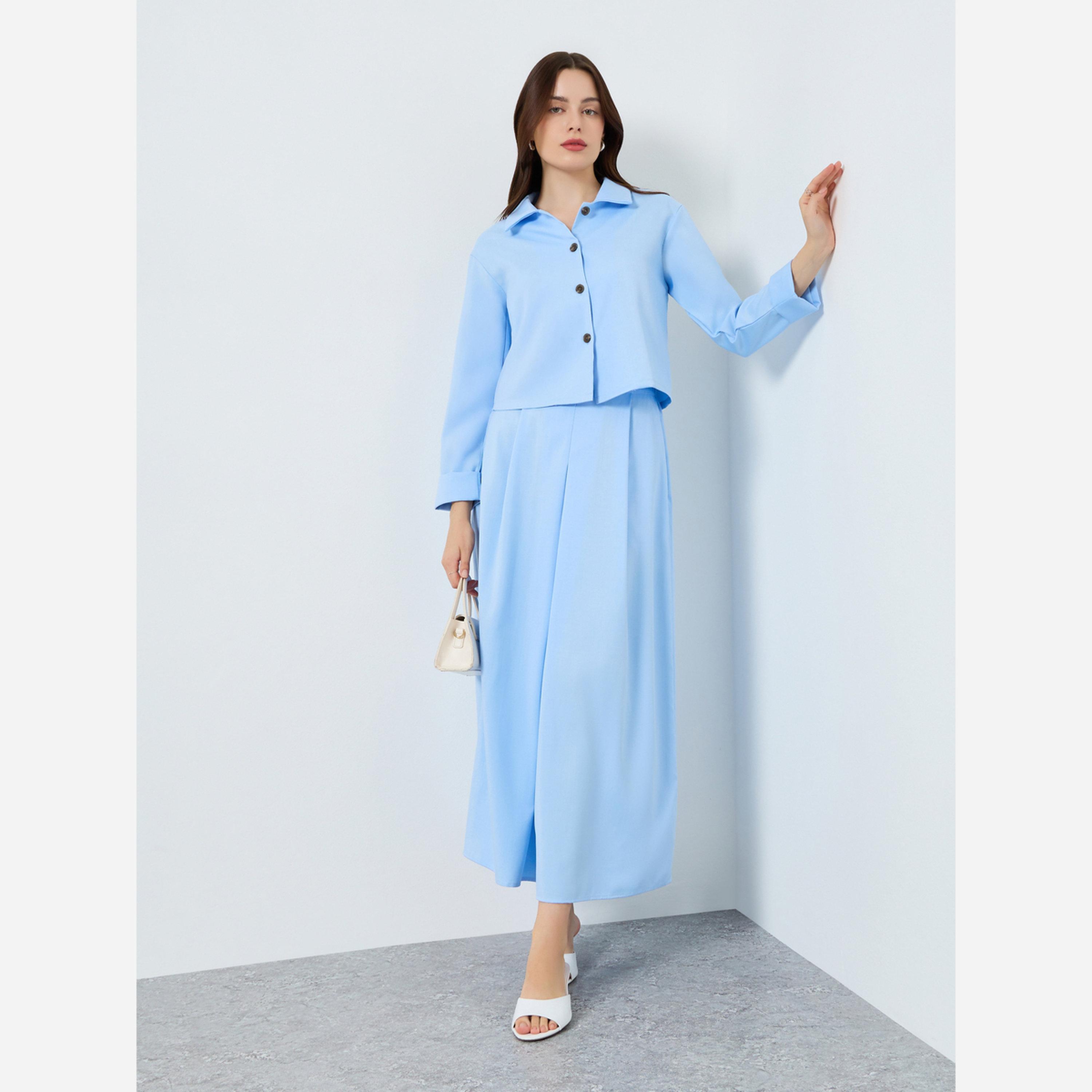 ستايلي - طقم بلوزة كاجوال سادة وتنورة متوسط الطول مقاس واسع-women-clothing-coordsets-image-1