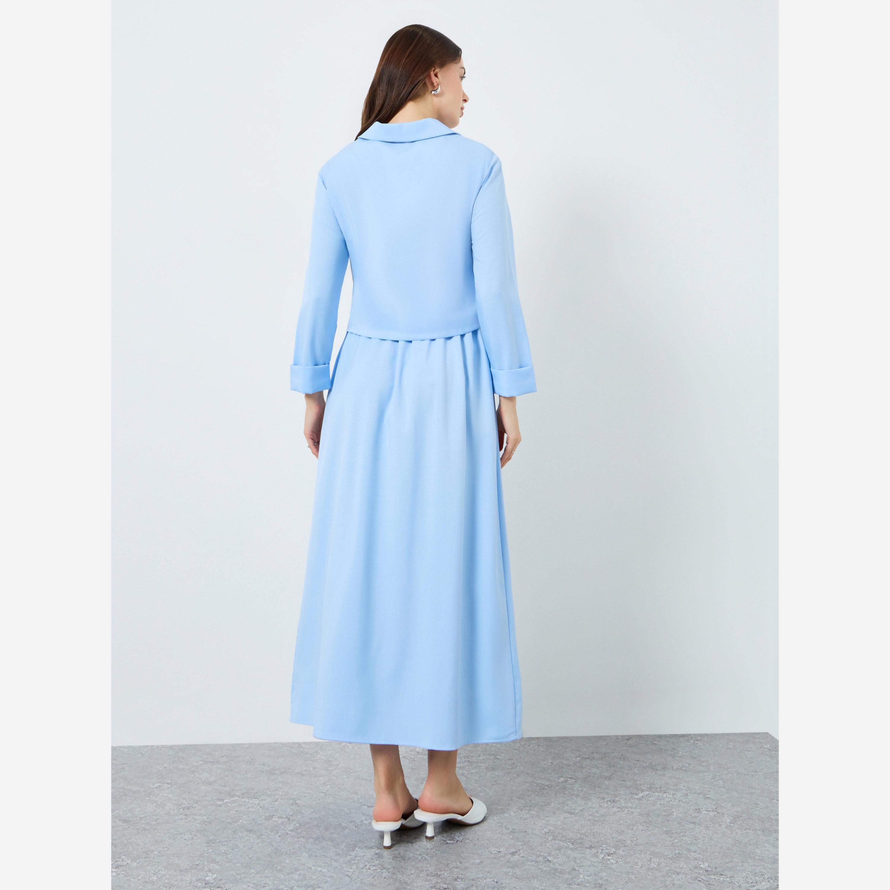 ستايلي - طقم بلوزة كاجوال سادة وتنورة متوسط الطول مقاس واسع-women-clothing-coordsets-image-4