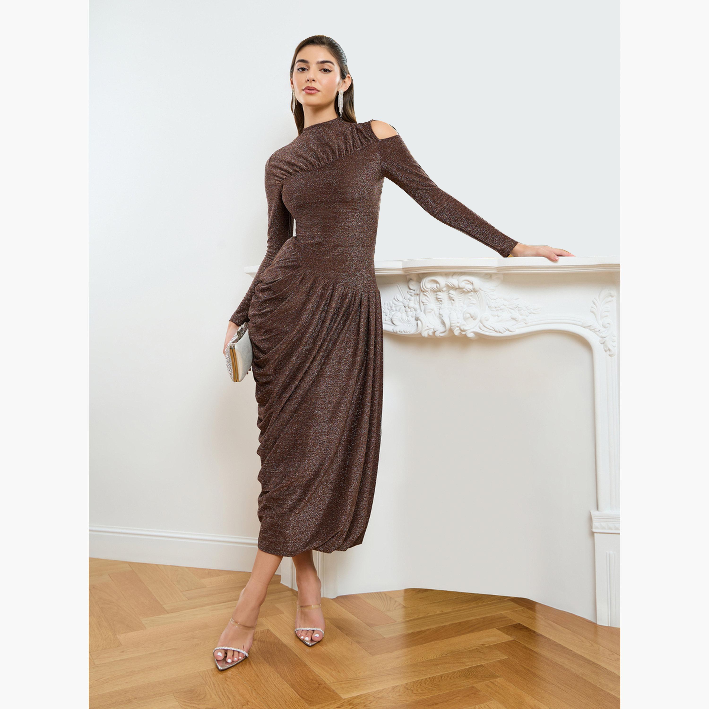 Styli Women Brown Shimmer Knit Asymmetric Maxi Dress-women-clothing-dresses-image-1