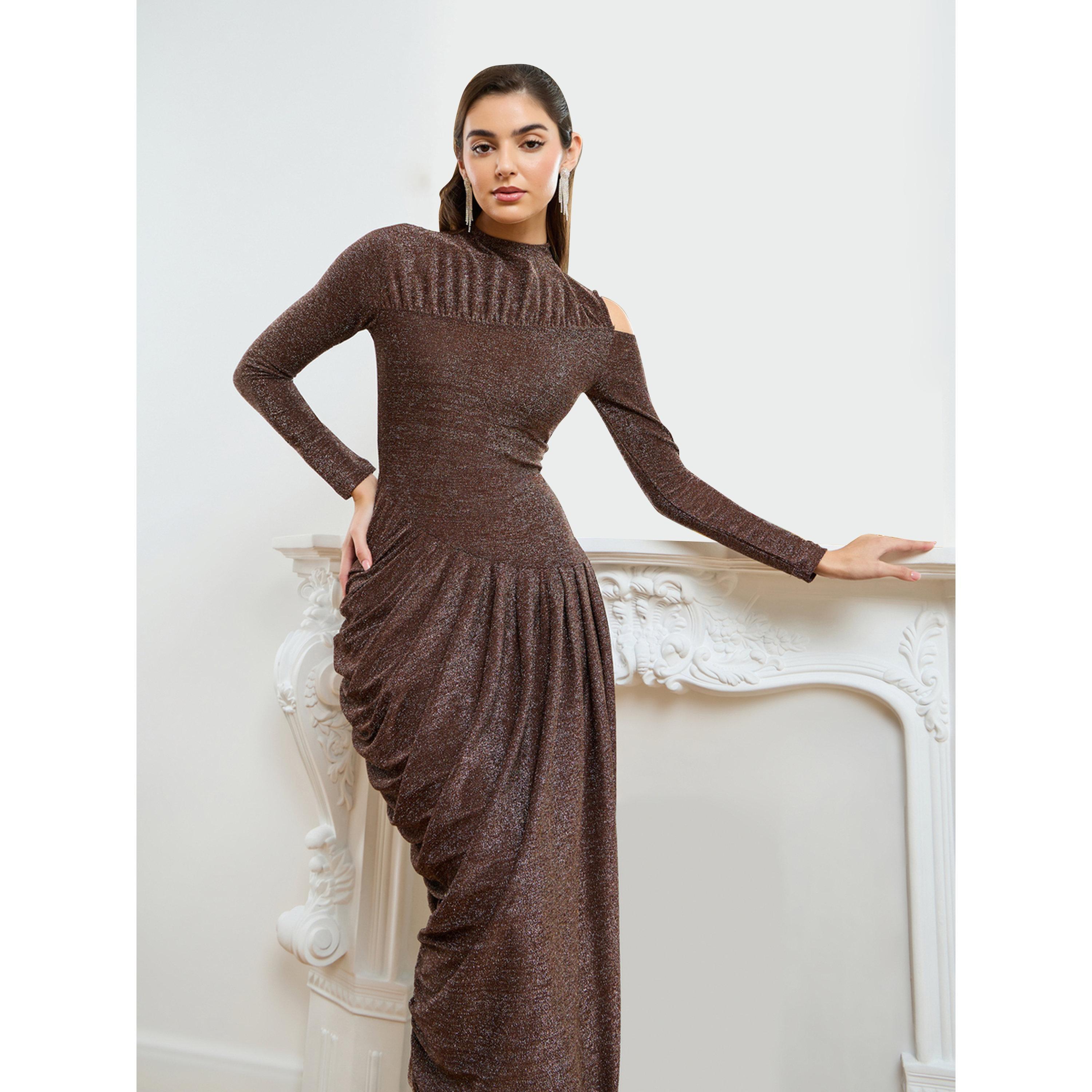 Styli Women Brown Shimmer Knit Asymmetric Maxi Dress-women-clothing-dresses-image-3