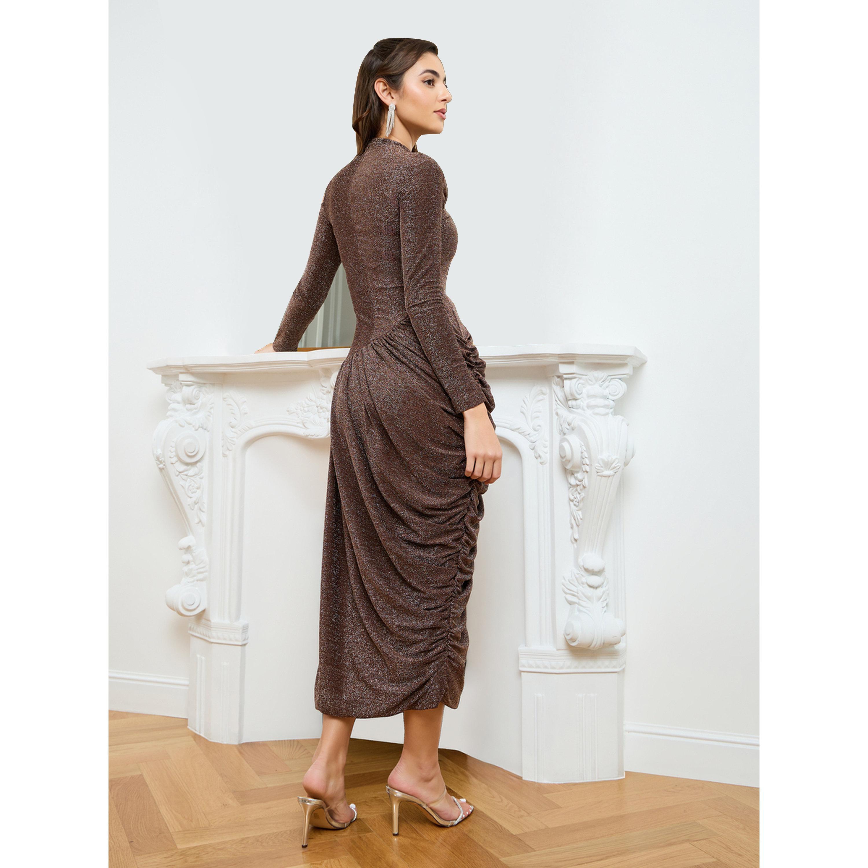 فستان طويل نسائي تريكو لامع بقصة غير متماثلة-women-clothing-dresses-image-4