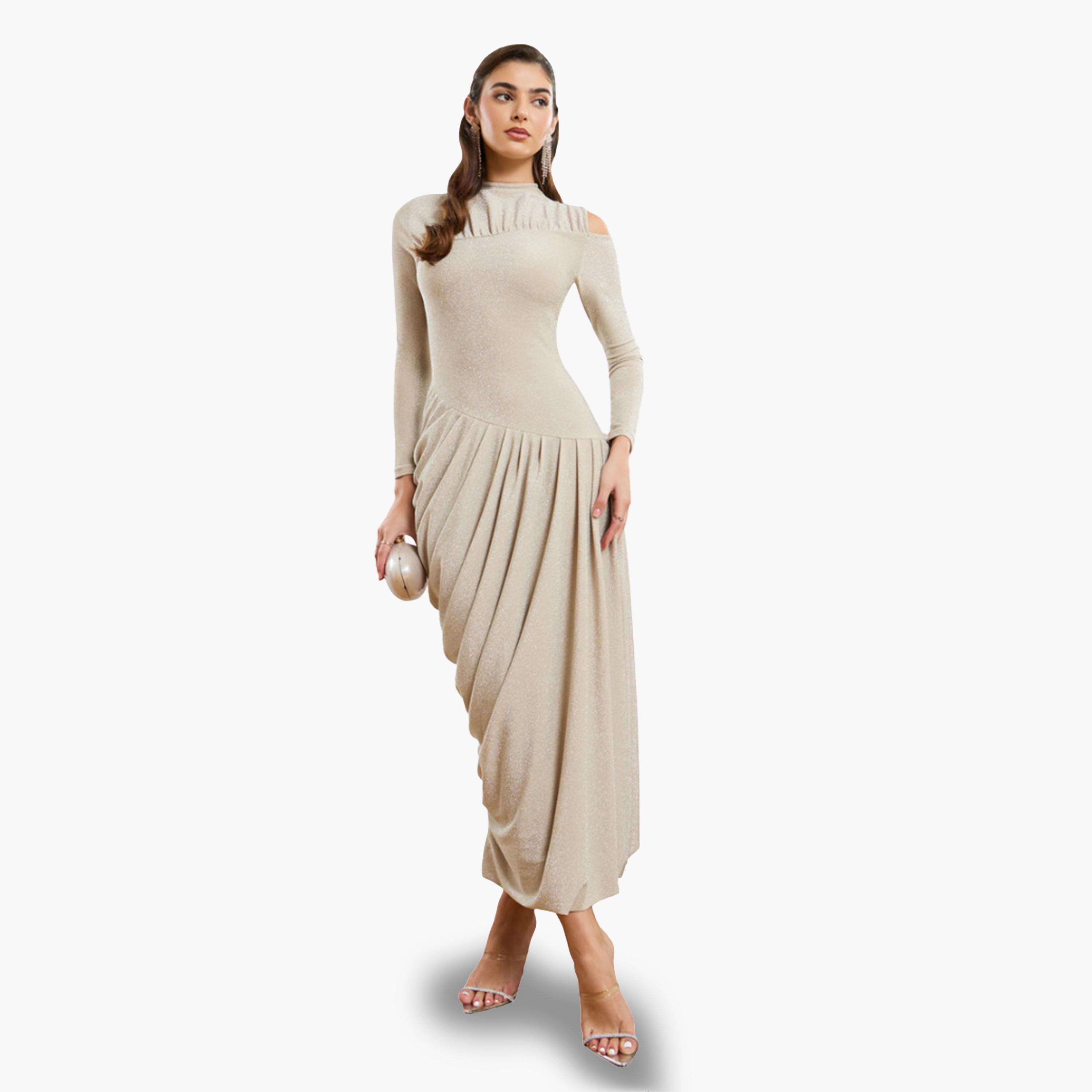 Styli Women Cream Shimmer Knit Asymmetric Maxi Dress-women-clothing-dresses-image-1