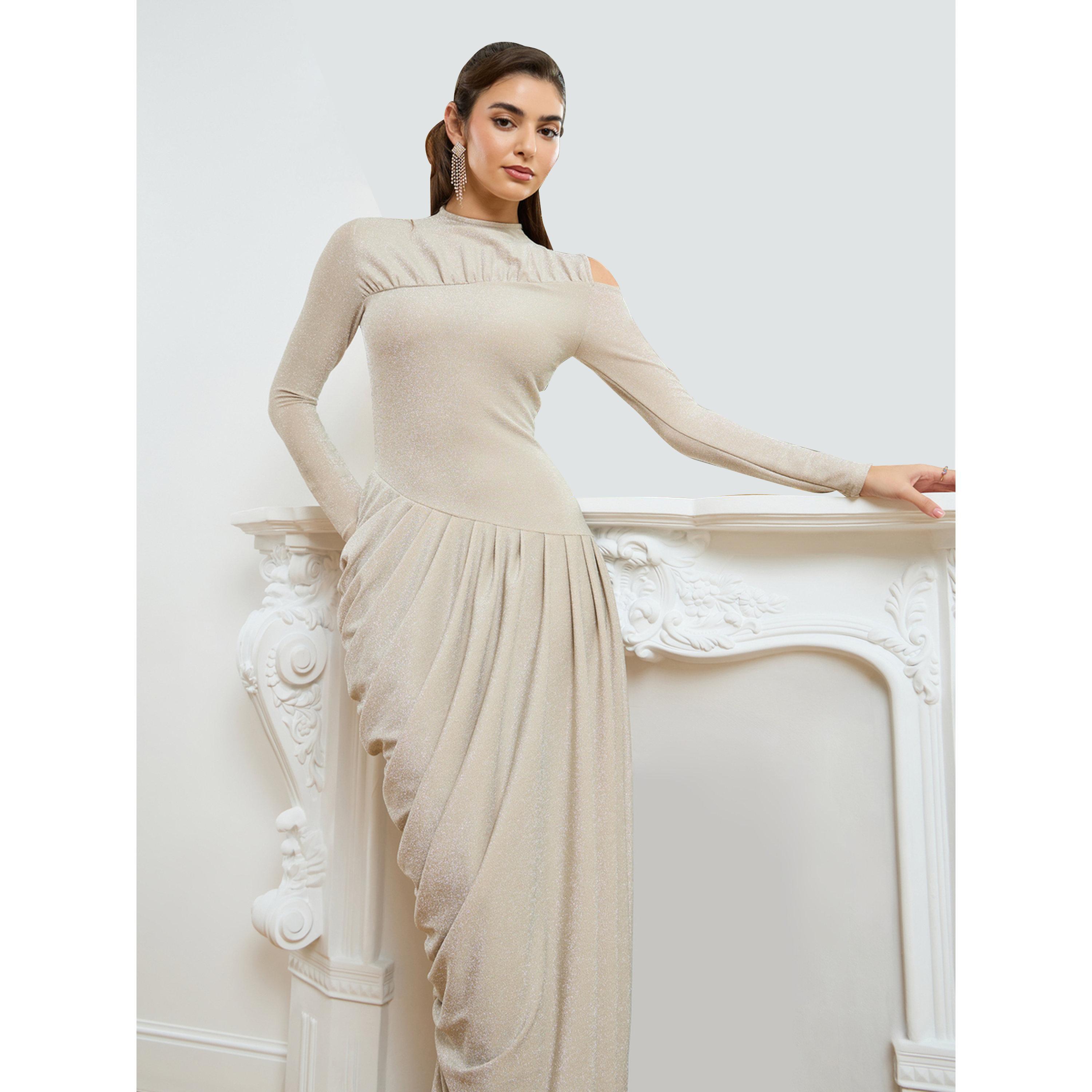 فستان طويل نسائي تريكو لامع بقصة غير متماثلة-women-clothing-dresses-image-2