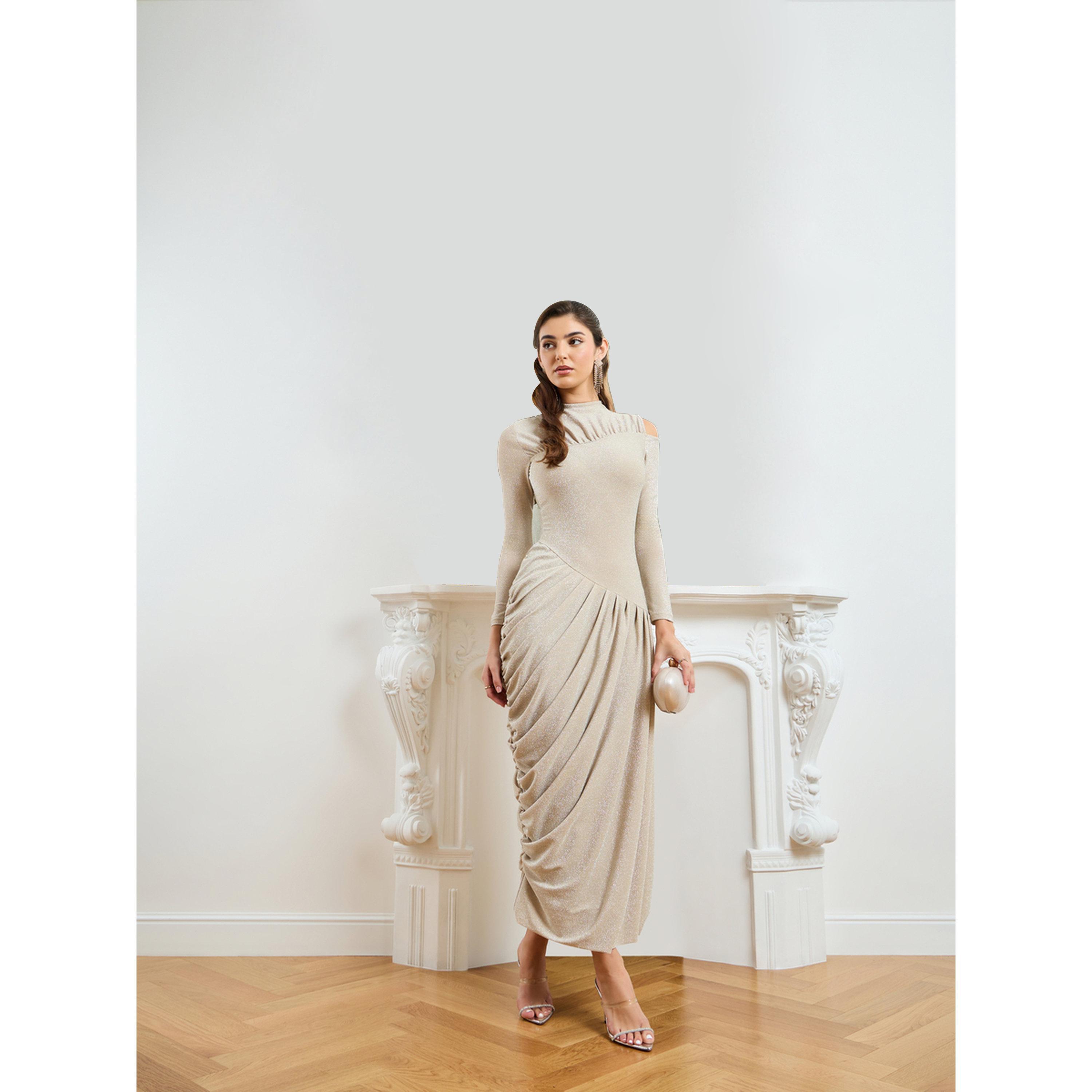 Styli Women Cream Shimmer Knit Asymmetric Maxi Dress-women-clothing-dresses-image-3