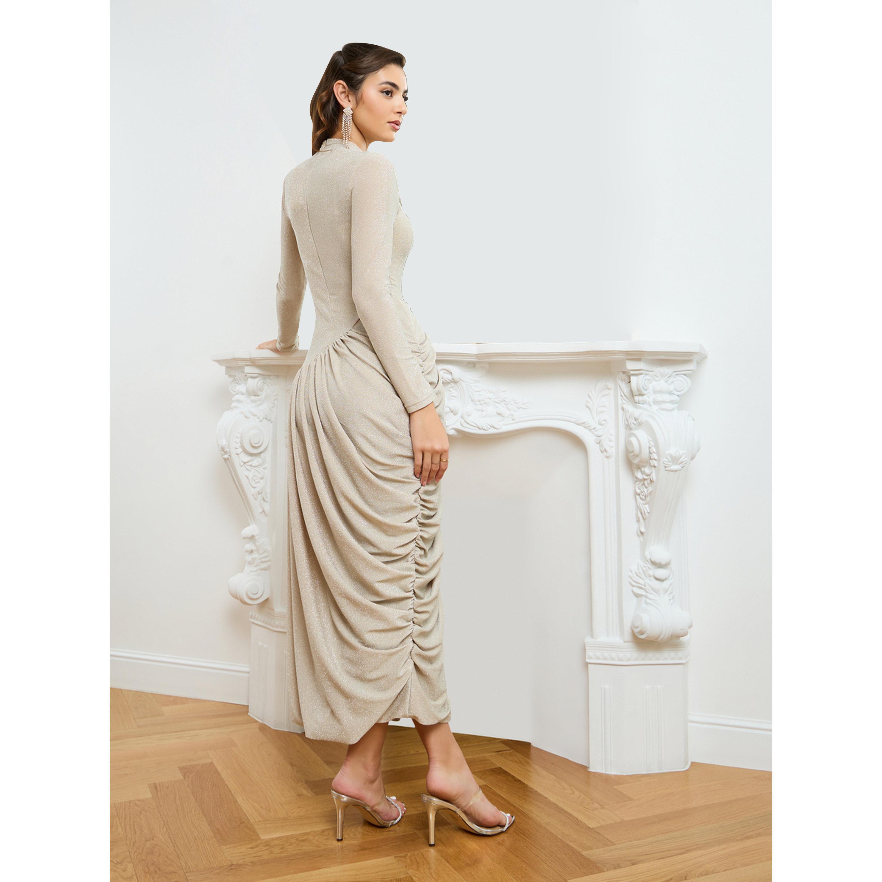 فستان طويل نسائي تريكو لامع بقصة غير متماثلة-women-clothing-dresses-image-4