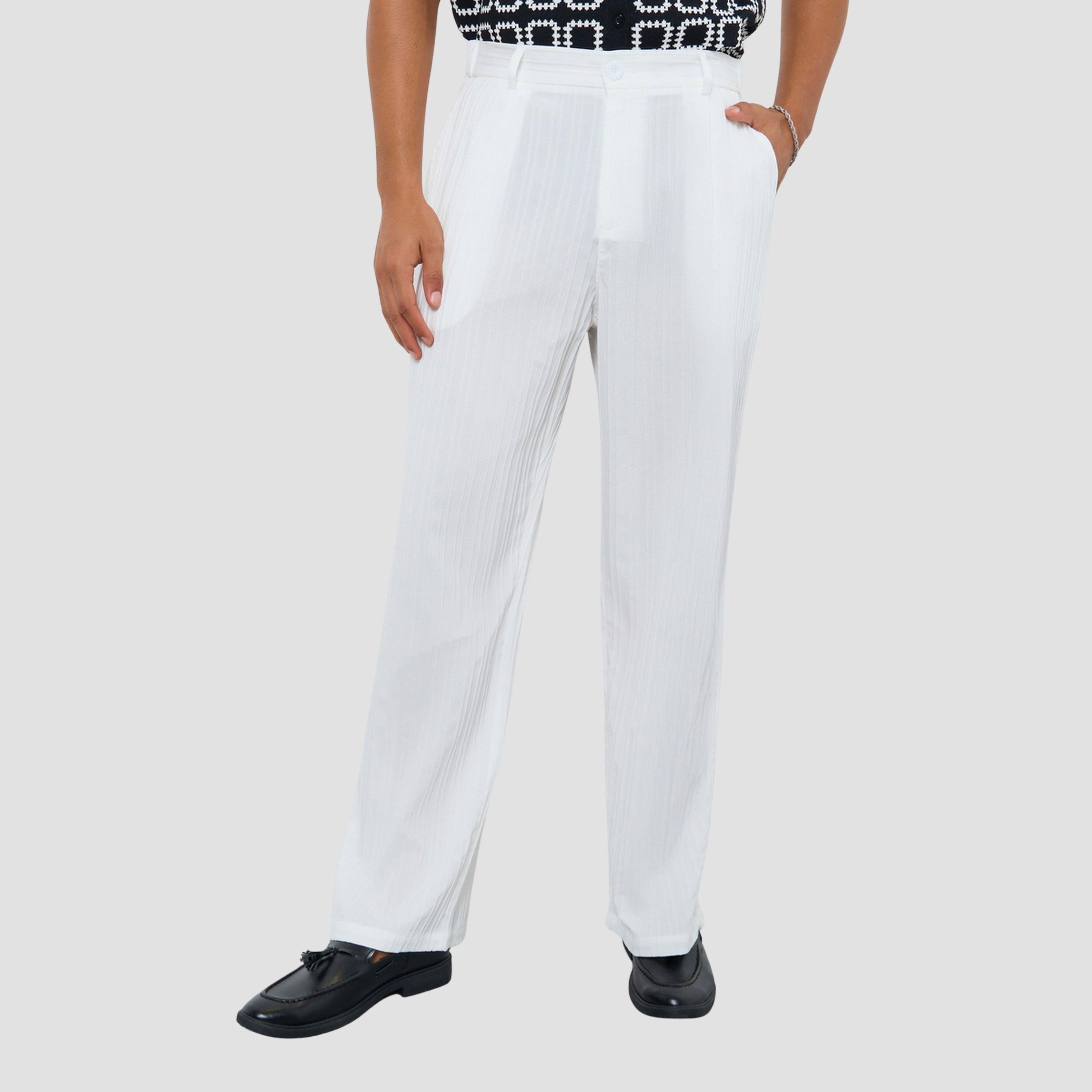 Take Two Men White Textured Straight Leg Trousers-men-clothing-bottoms-trousersandchinos-trousers-image-1