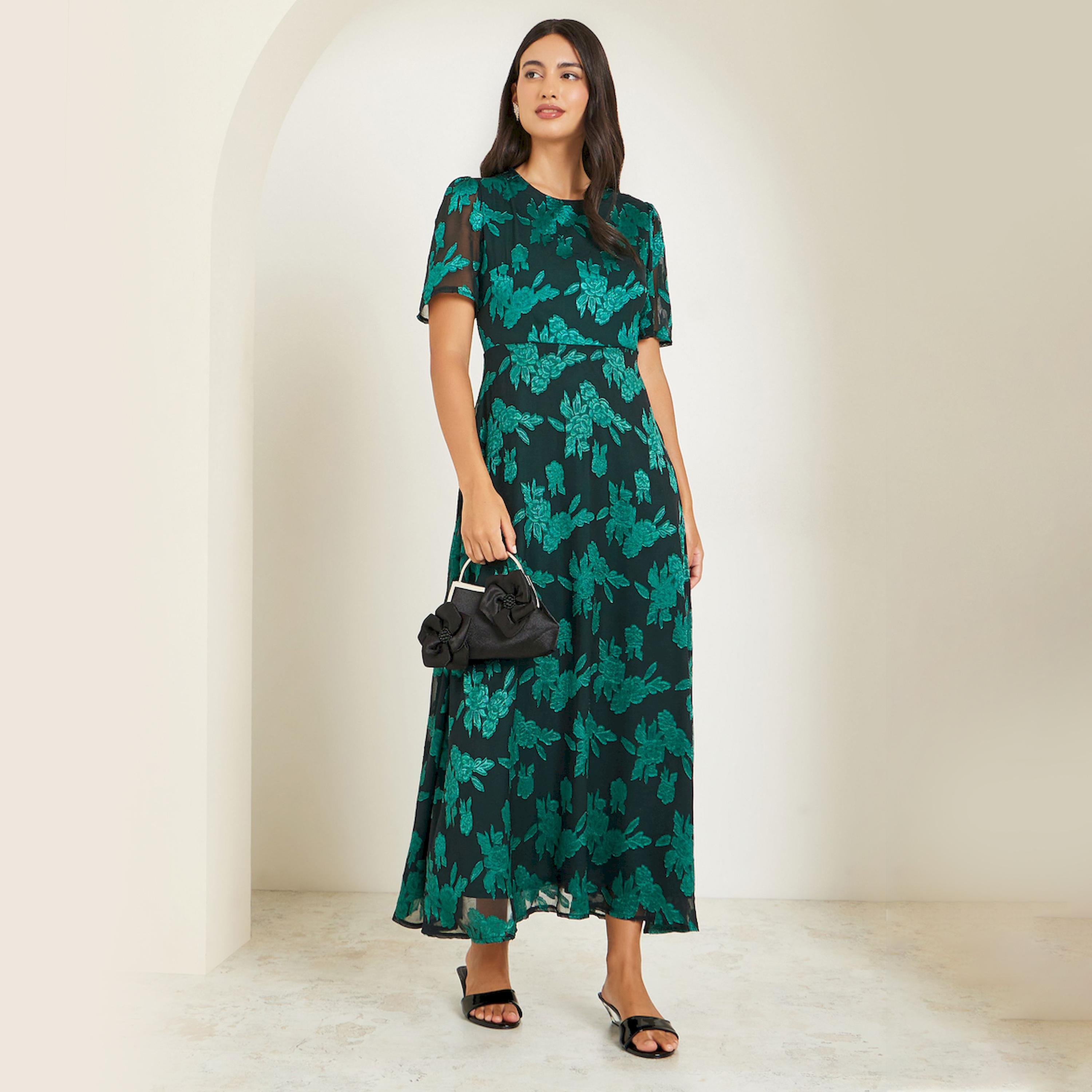Styli Teal Floral Short Sleeve A-Line Maxi Dress-women-clothing-dresses-image-1