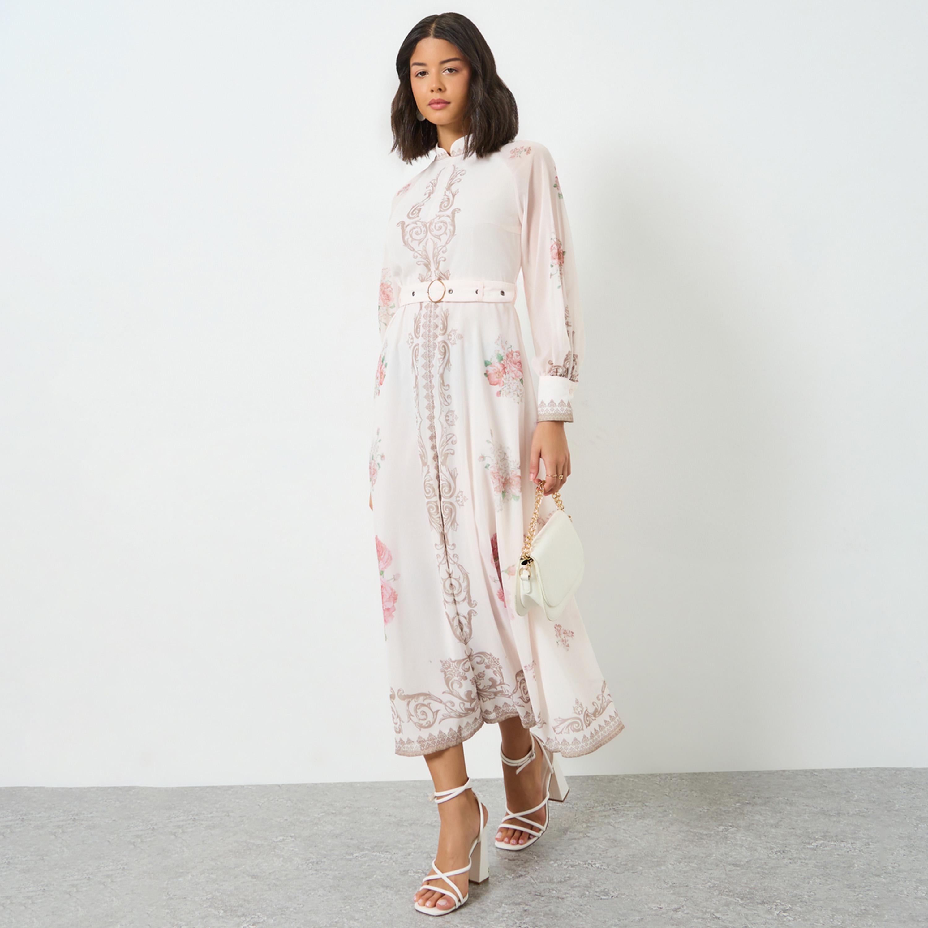 Styli Light Pink Floral Belted Midi Dress-women-clothing-dresses-image-1