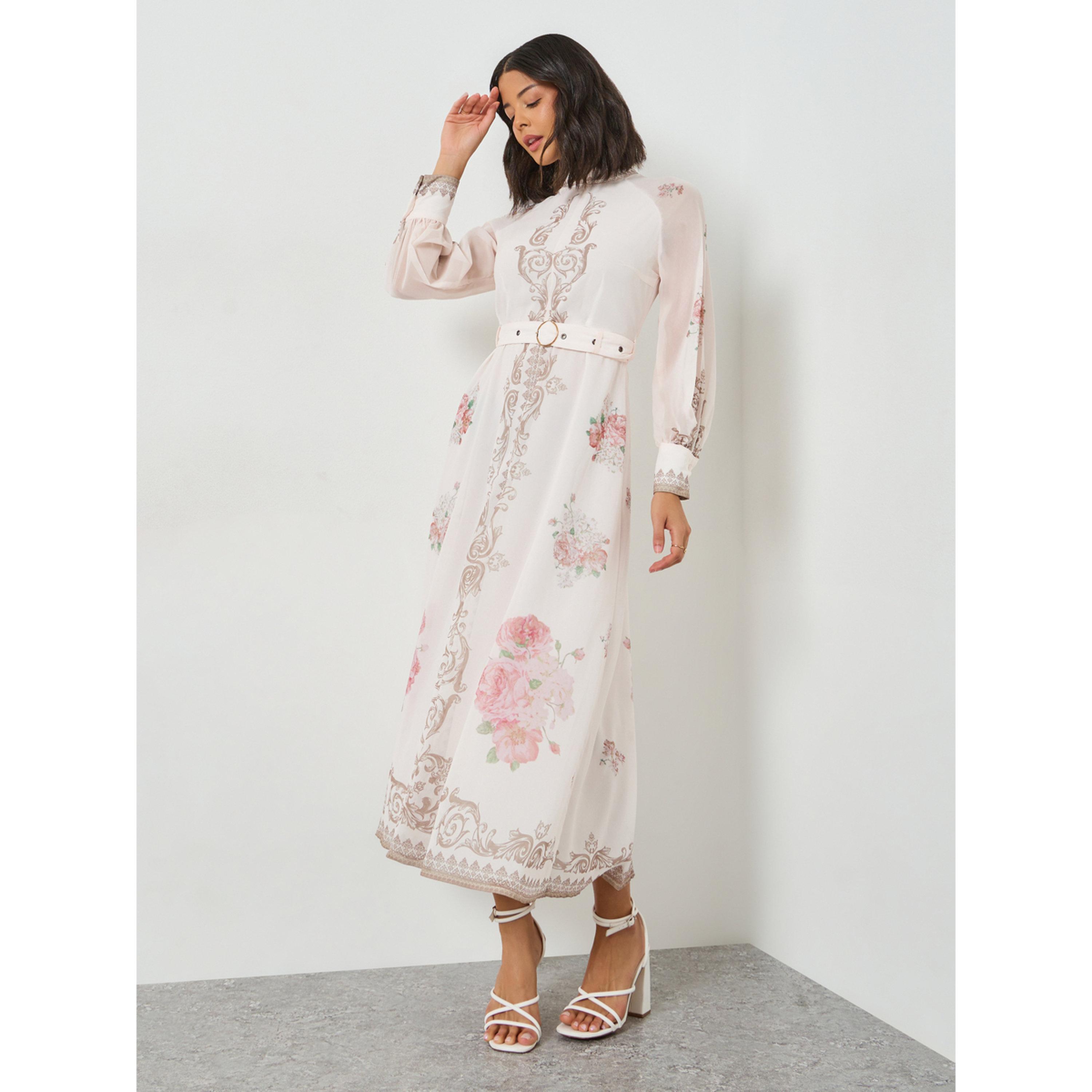 Styli Light Pink Floral Belted Midi Dress-women-clothing-dresses-image-3