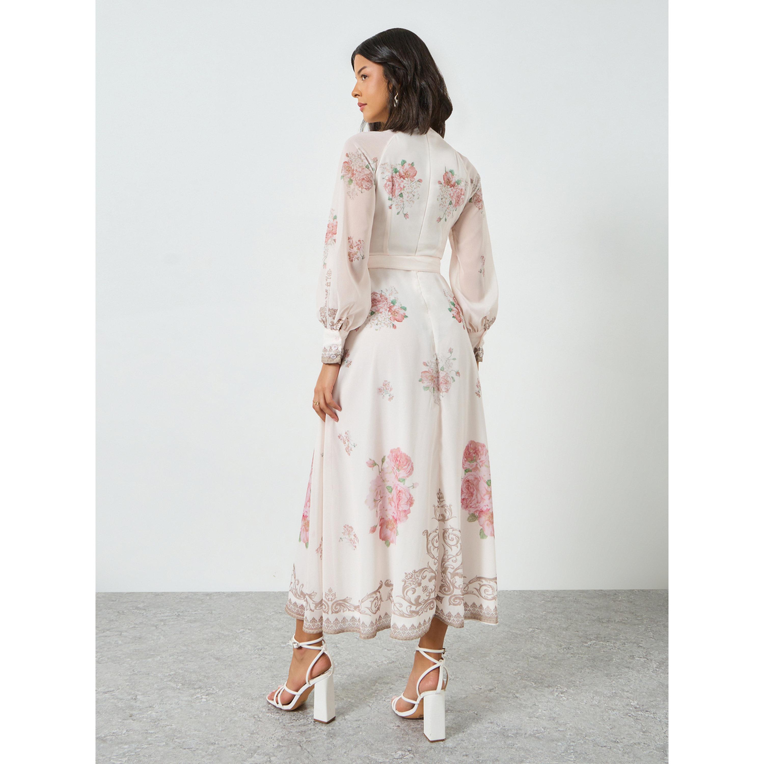 Styli Light Pink Floral Belted Midi Dress-women-clothing-dresses-image-4