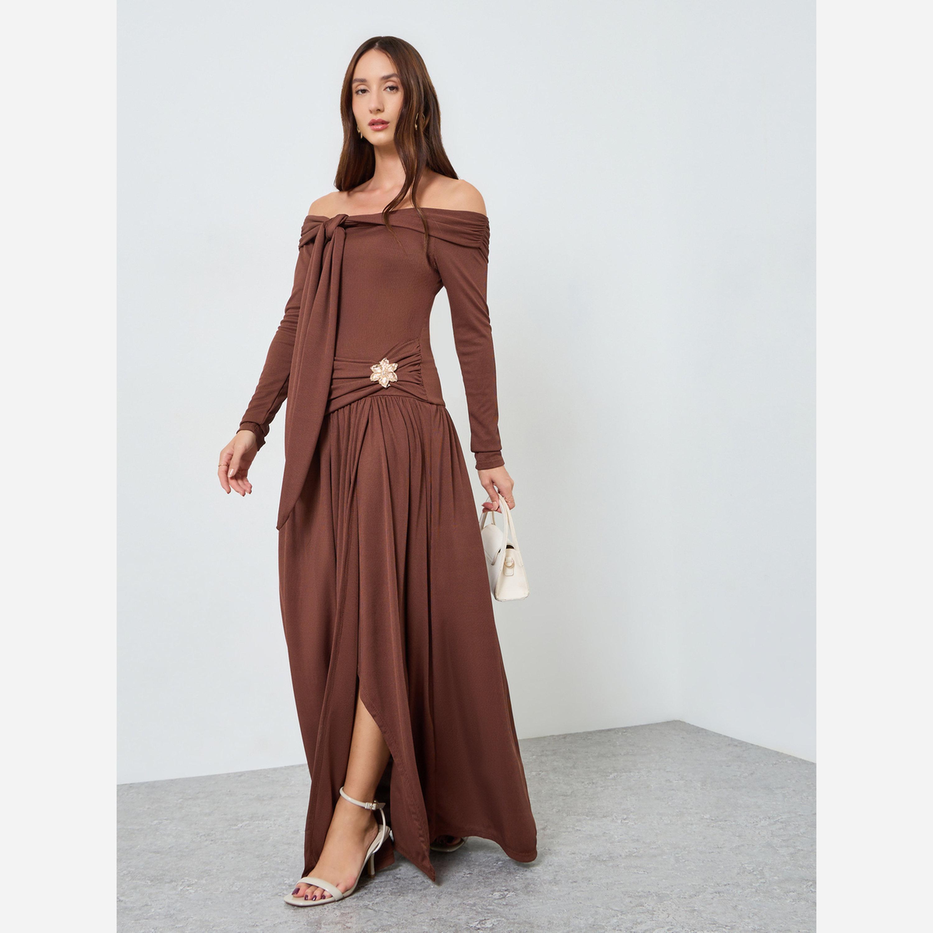 Take Two Women's Solid Off Shoulder Flower Mental Bukle Front Detail Long Sleeve Split Hem Maxi Dress-women-clothing-dresses-image-1